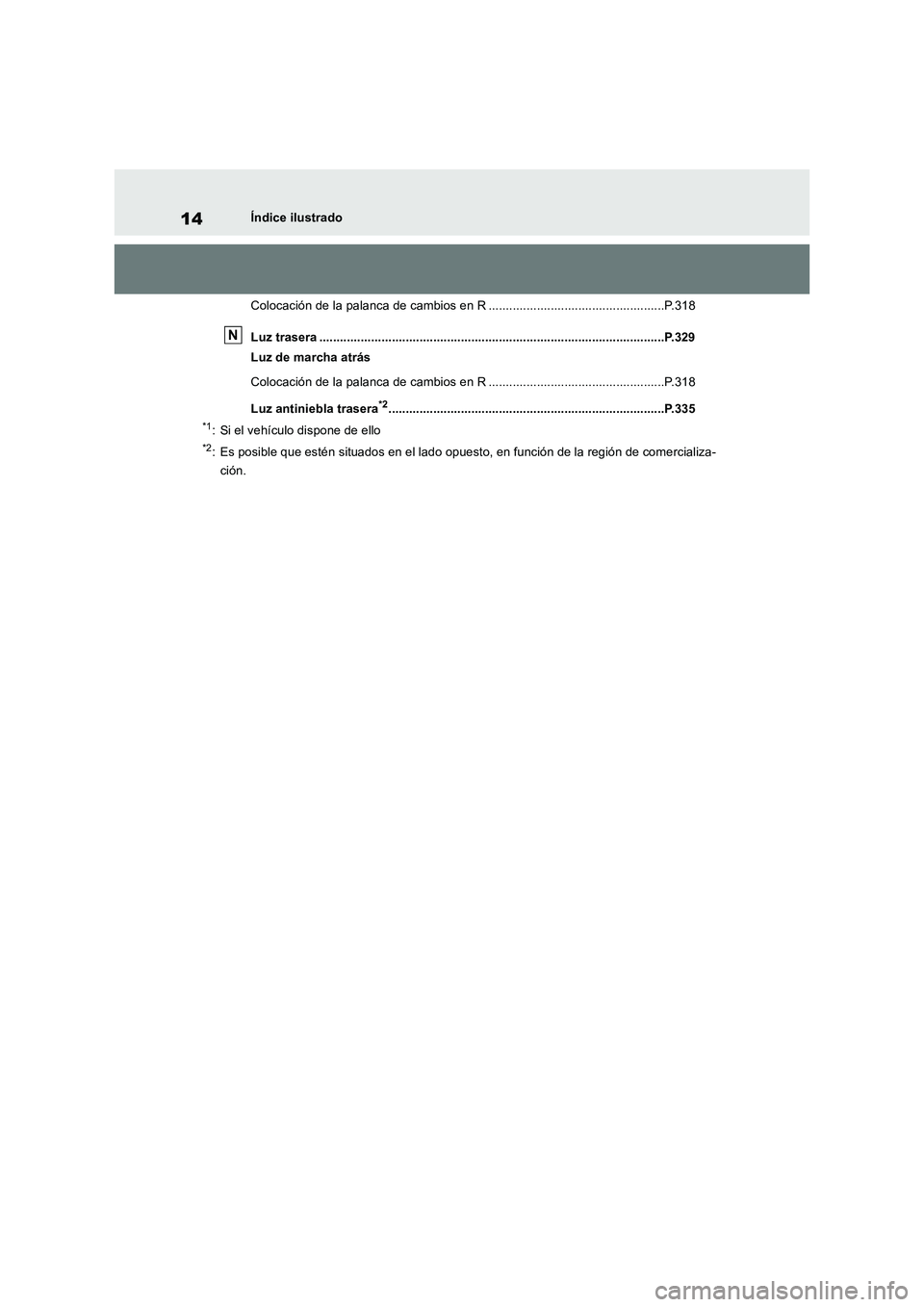 TOYOTA RAV4 2019  Manual del propietario (in Spanish) 14Índice ilustrado
Colocación de la palanca de cambios en R ...................................................P.318
Luz trasera .....................................................................