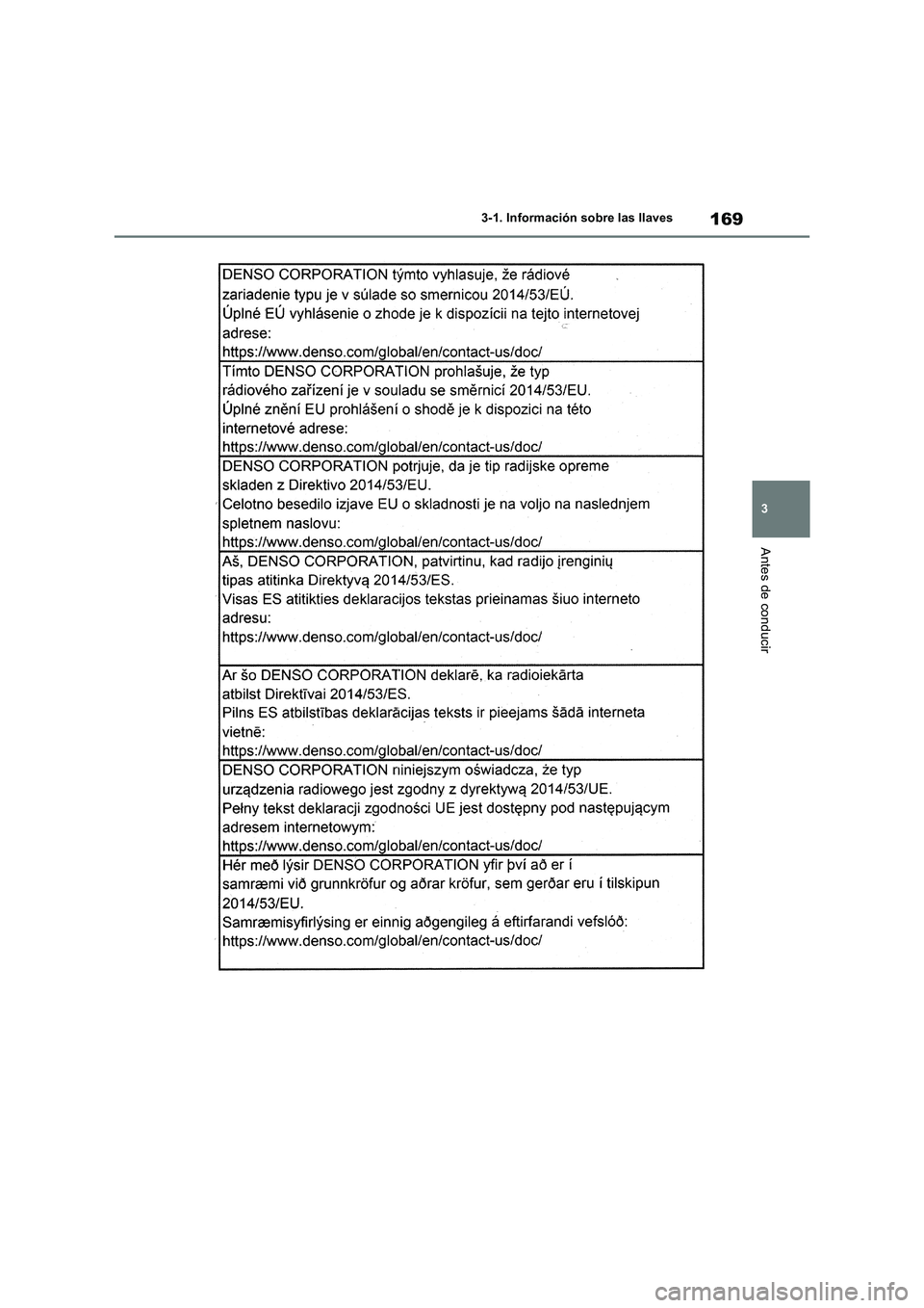 TOYOTA RAV4 2019  Manual del propietario (in Spanish) 169
3 3-1. Información sobre las llaves
Antes de conducir 