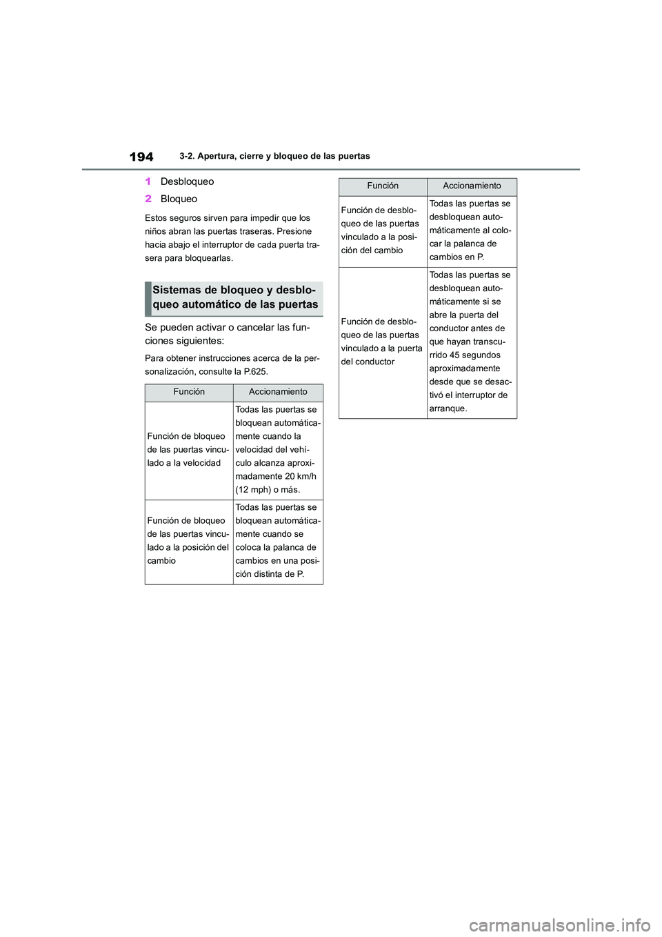 TOYOTA RAV4 2019 Manual del propietario (in Spanish) 1943-2. Apertura, cierre y bloqueo de las puertas
1Desbloqueo
2 Bloqueo
Estos seguros sirven para impedir que los
niños abran las puertas traseras. Presione
hacia abajo el interruptor de cada pue TOYOTA RAV4 2019 Manual del propietario (in Spanish) 1943-2. Apertura, cierre y bloqueo de las puertas
1Desbloqueo
2 Bloqueo
Estos seguros sirven para impedir que los
niños abran las puertas traseras. Presione
hacia abajo el interruptor de cada pue