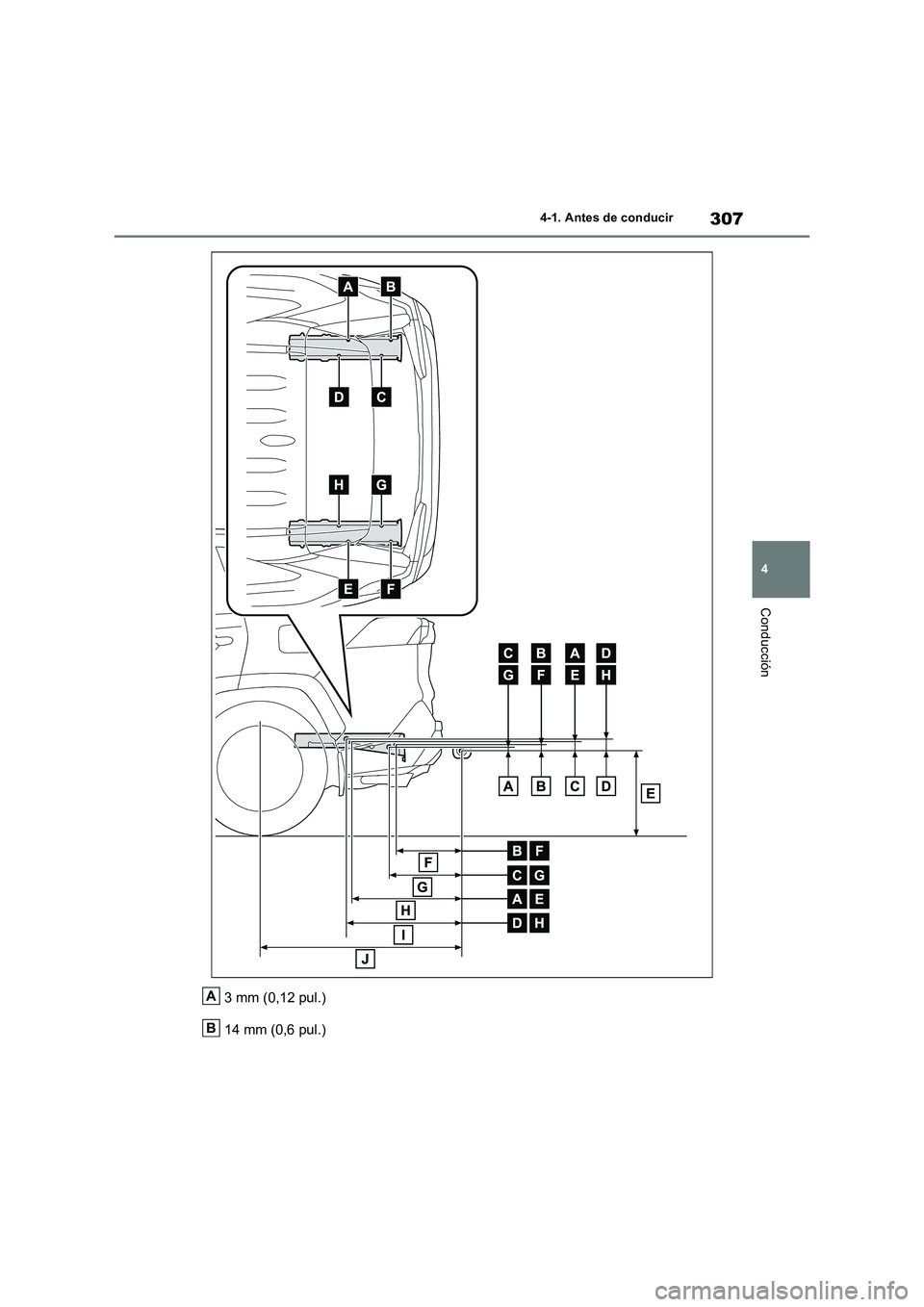 TOYOTA RAV4 2019  Manual del propietario (in Spanish) 307
4 4-1. Antes de conducir
Conducción
3 mm (0,12 pul.)
14 mm (0,6 pul.)A
B 