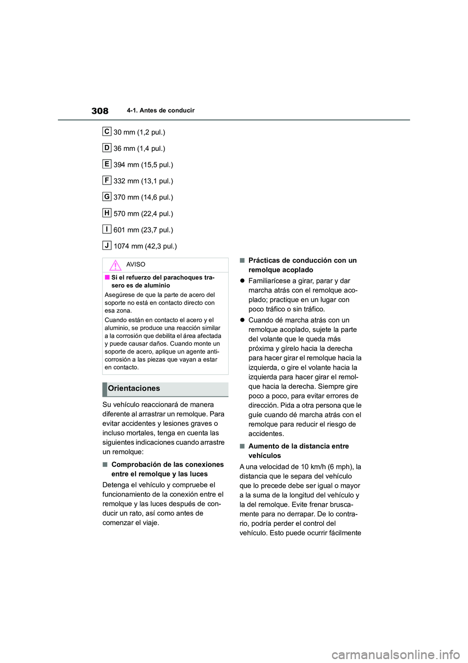 TOYOTA RAV4 2019 Manual del propietario (in Spanish) 3084-1. Antes de conducir
30 mm (1,2 pul.)
36 mm (1,4 pul.)
394 mm (15,5 pul.)
332 mm (13,1 pul.)
370 mm (14,6 pul.)
570 mm (22,4 pul.)
601 mm (23,7 pul.)
1074 mm (42,3 pul.)
Su vehículo reacci TOYOTA RAV4 2019 Manual del propietario (in Spanish) 3084-1. Antes de conducir
30 mm (1,2 pul.)
36 mm (1,4 pul.)
394 mm (15,5 pul.)
332 mm (13,1 pul.)
370 mm (14,6 pul.)
570 mm (22,4 pul.)
601 mm (23,7 pul.)
1074 mm (42,3 pul.)
Su vehículo reacci