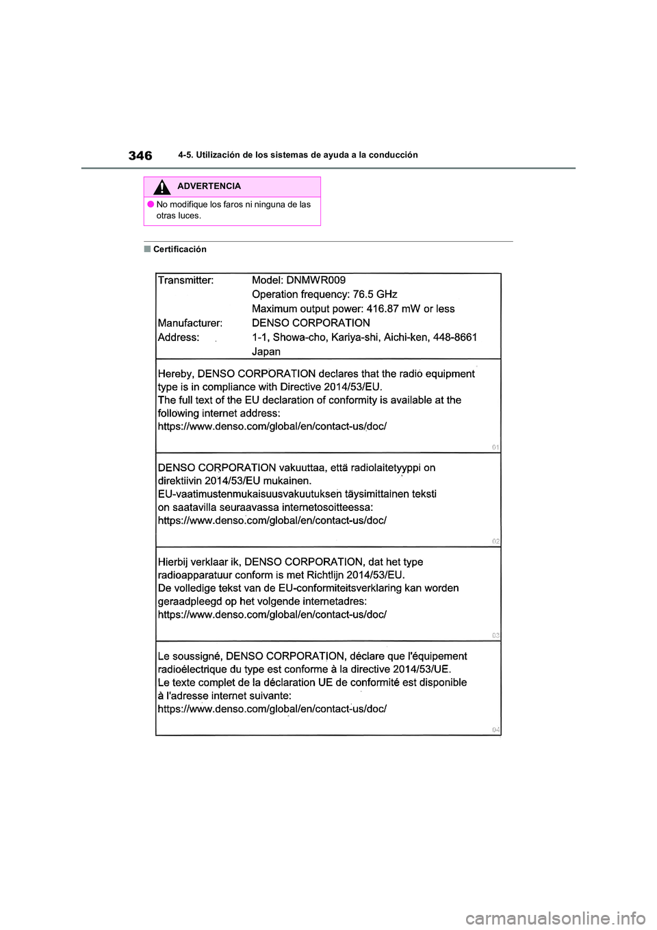 TOYOTA RAV4 2019  Manual del propietario (in Spanish) 3464-5. Utilización de los sistemas de ayuda a la conducción
■Certificación
ADVERTENCIA
●No modifique los faros ni ninguna de las  
otras luces. 