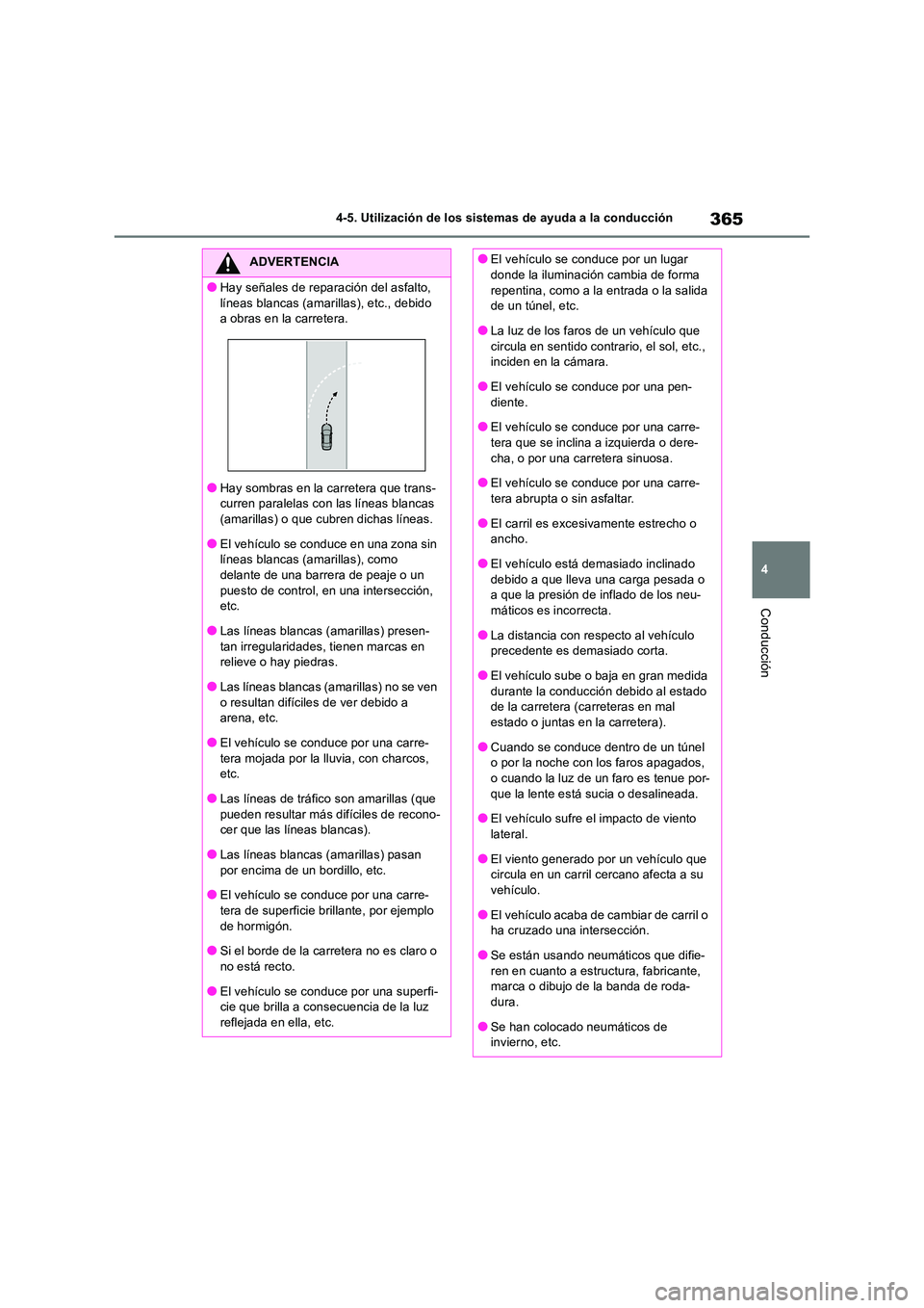 TOYOTA RAV4 2019 Manual del propietario (in Spanish) 365
4
4-5. Utilización de los sistemas de ayuda a la conducción
Conducción
ADVERTENCIA
●Hay señales de reparación del asfalto,
líneas blancas (amarillas), etc., debido a obras en la carret TOYOTA RAV4 2019 Manual del propietario (in Spanish) 365
4
4-5. Utilización de los sistemas de ayuda a la conducción
Conducción
ADVERTENCIA
●Hay señales de reparación del asfalto,
líneas blancas (amarillas), etc., debido a obras en la carret