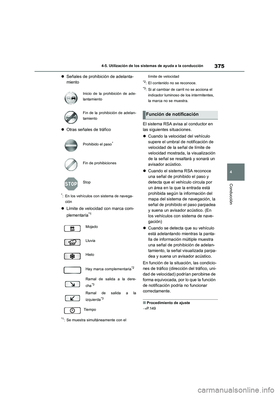 TOYOTA RAV4 2019 Manual del propietario (in Spanish) 375
4 4-5. Utilización de los sistemas de ayuda a la conducción
Conducción
Señales de prohibición de adelanta-
miento
Otras señales de tráfico
*: En los vehículos con sistema de navega-
TOYOTA RAV4 2019 Manual del propietario (in Spanish) 375
4 4-5. Utilización de los sistemas de ayuda a la conducción
Conducción
Señales de prohibición de adelanta-
miento
Otras señales de tráfico
*: En los vehículos con sistema de navega-