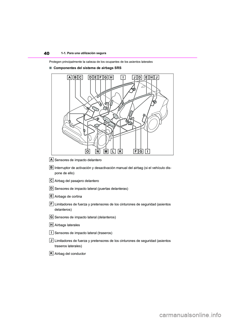 TOYOTA RAV4 2019  Manual del propietario (in Spanish) 401-1. Para una utilización segura 
Protegen principalmente la cabeza de lo s ocupantes de los asientos laterales
■Componentes del sistema de airbags SRS 
Sensores de impacto delantero 
Interruptor