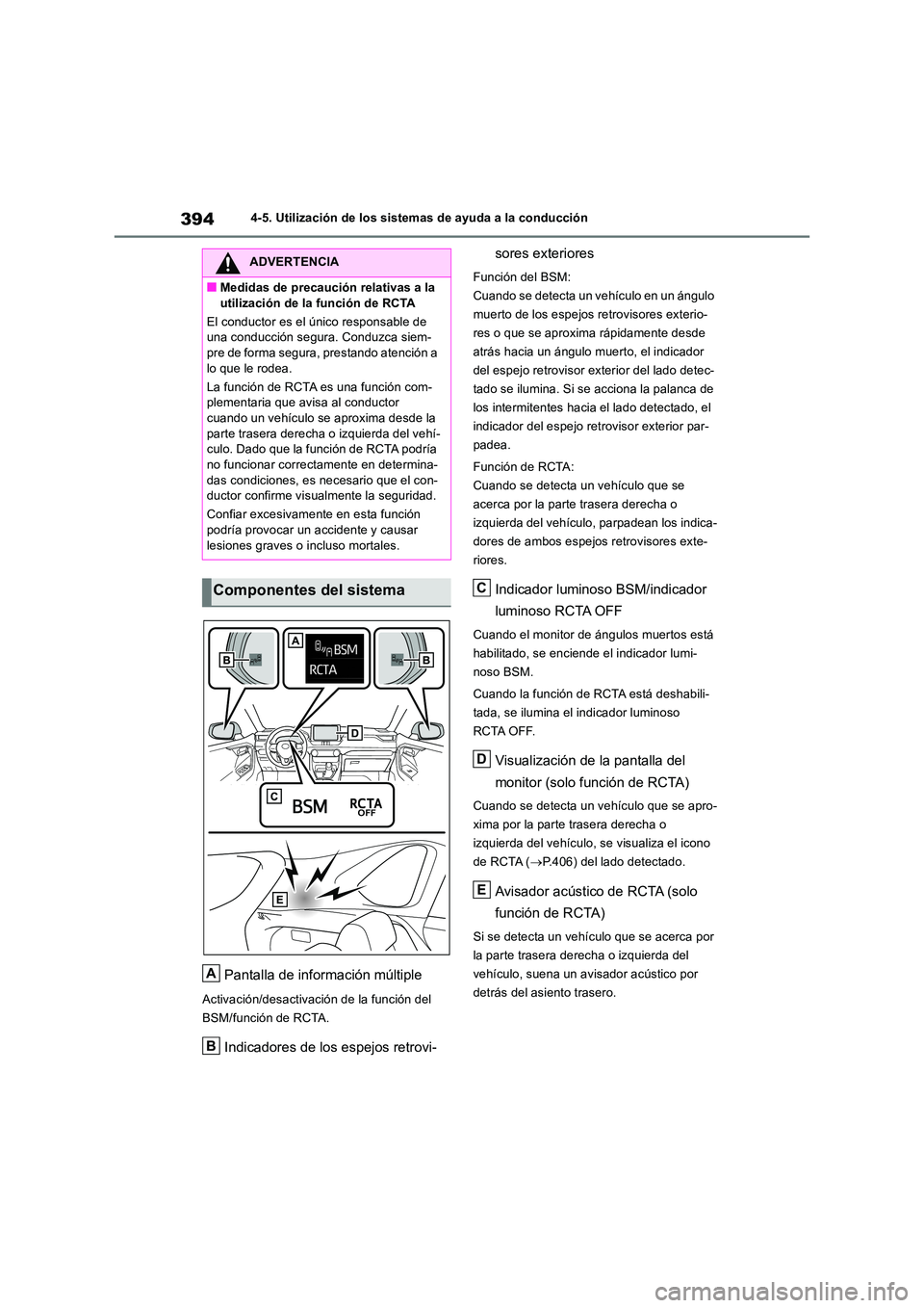 TOYOTA RAV4 2019 Manual del propietario (in Spanish) 3944-5. Utilización de los sistemas de ayuda a la conducción
Pantalla de información múltiple
Activación/desactivación de la función del
BSM/función de RCTA.
Indicadores de los espejos retro TOYOTA RAV4 2019 Manual del propietario (in Spanish) 3944-5. Utilización de los sistemas de ayuda a la conducción
Pantalla de información múltiple
Activación/desactivación de la función del
BSM/función de RCTA.
Indicadores de los espejos retro