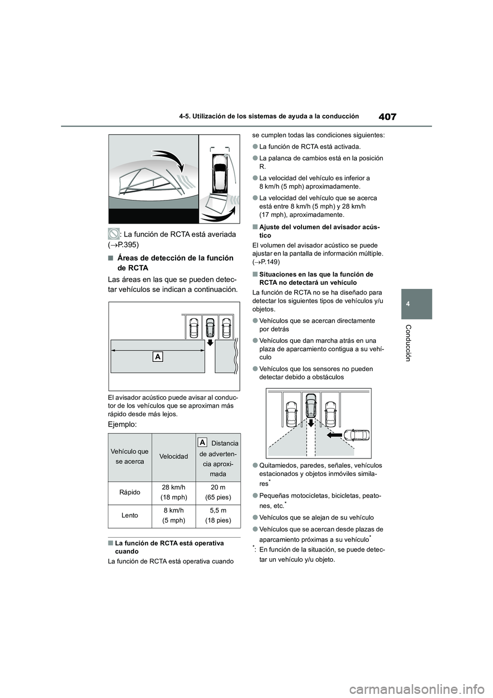 TOYOTA RAV4 2019 Manual del propietario (in Spanish) 407
4 4-5. Utilización de los sistemas de ayuda a la conducción
Conducción
: La función de RCTA está averiada
(P.395)
■Áreas de detección de la función
de RCTA
Las áreas en las que se TOYOTA RAV4 2019 Manual del propietario (in Spanish) 407
4 4-5. Utilización de los sistemas de ayuda a la conducción
Conducción
: La función de RCTA está averiada
(P.395)
■Áreas de detección de la función
de RCTA
Las áreas en las que se