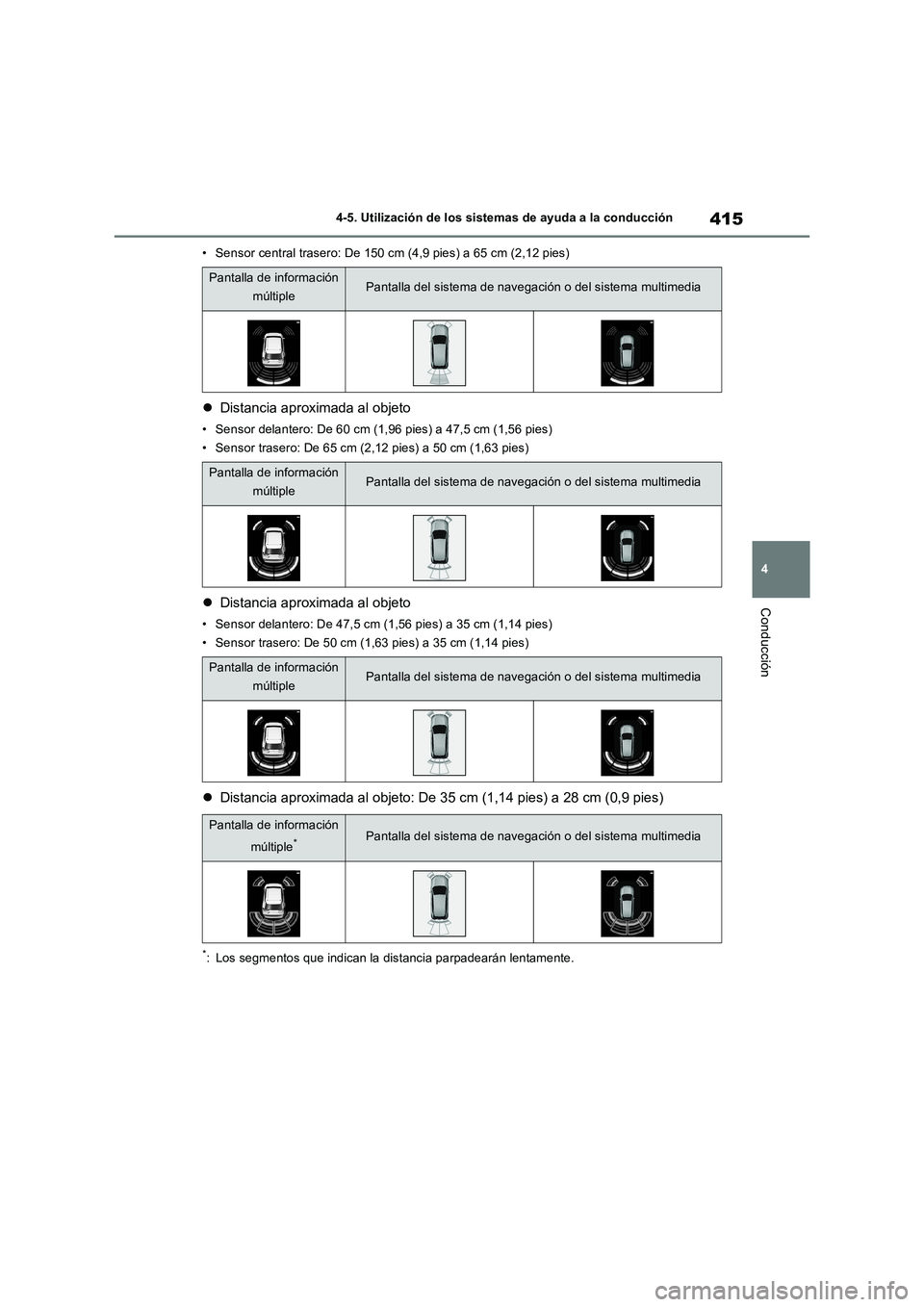 TOYOTA RAV4 2019  Manual del propietario (in Spanish) 415
4 4-5. Utilización de los sistemas de ayuda a la conducción
Conducción
• Sensor central trasero: De 150 cm (4,9 pies) a 65 cm (2,12 pies)
Distancia aproximada al objeto
• Sensor delanter