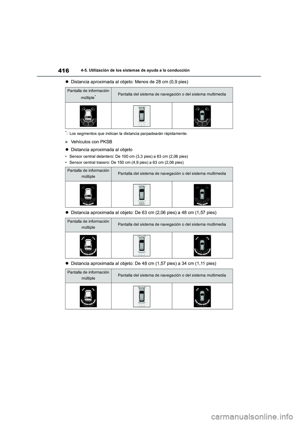 TOYOTA RAV4 2019  Manual del propietario (in Spanish) 4164-5. Utilización de los sistemas de ayuda a la conducción
Distancia aproximada al objeto: Menos de 28 cm (0,9 pies)
*: Los segmentos que indican la distancia parpadearán rápidamente.
Veh