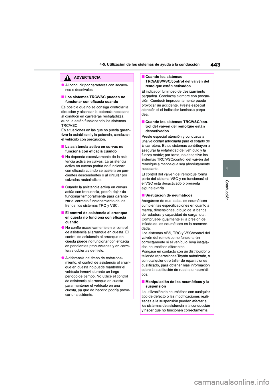 TOYOTA RAV4 2019 Manual del propietario (in Spanish) 443
4
4-5. Utilización de los sistemas de ayuda a la conducción
Conducción
ADVERTENCIA
●Al conducir por carreteras con socavo-
nes o desniveles
■Los sistemas TRC/VSC pueden no funcionar con TOYOTA RAV4 2019 Manual del propietario (in Spanish) 443
4
4-5. Utilización de los sistemas de ayuda a la conducción
Conducción
ADVERTENCIA
●Al conducir por carreteras con socavo-
nes o desniveles
■Los sistemas TRC/VSC pueden no funcionar con