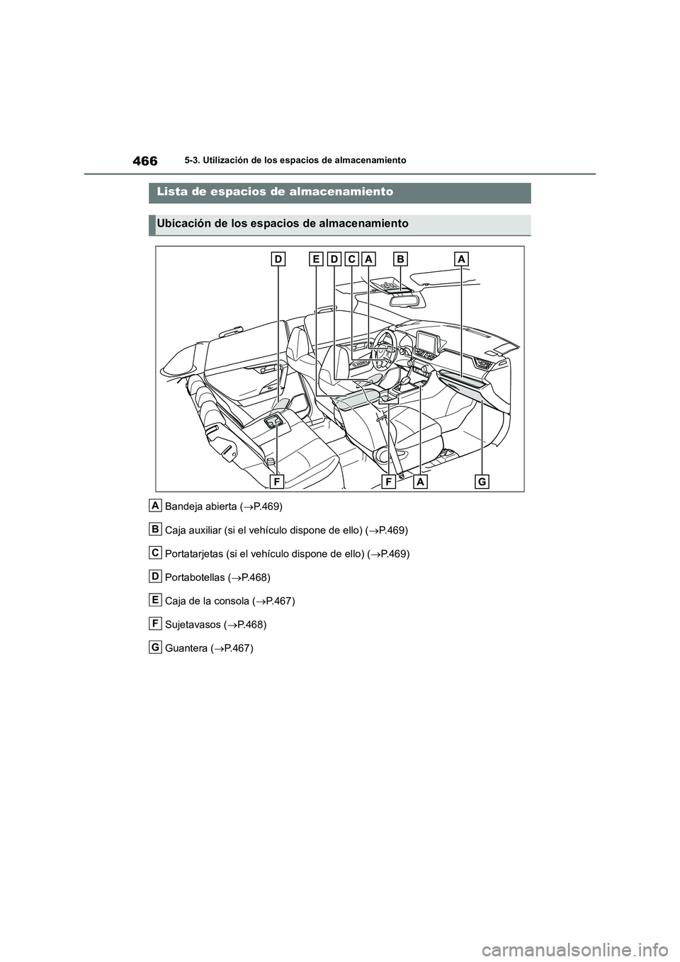 TOYOTA RAV4 2019  Manual del propietario (in Spanish) 4665-3. Utilización de los espacios de almacenamiento
5-3.Utiliz ación de lo s espac io s d e almac enamiento
Bandeja abierta (P.469)
Caja auxiliar (si el vehículo dispone de ello) (P.469)
Po