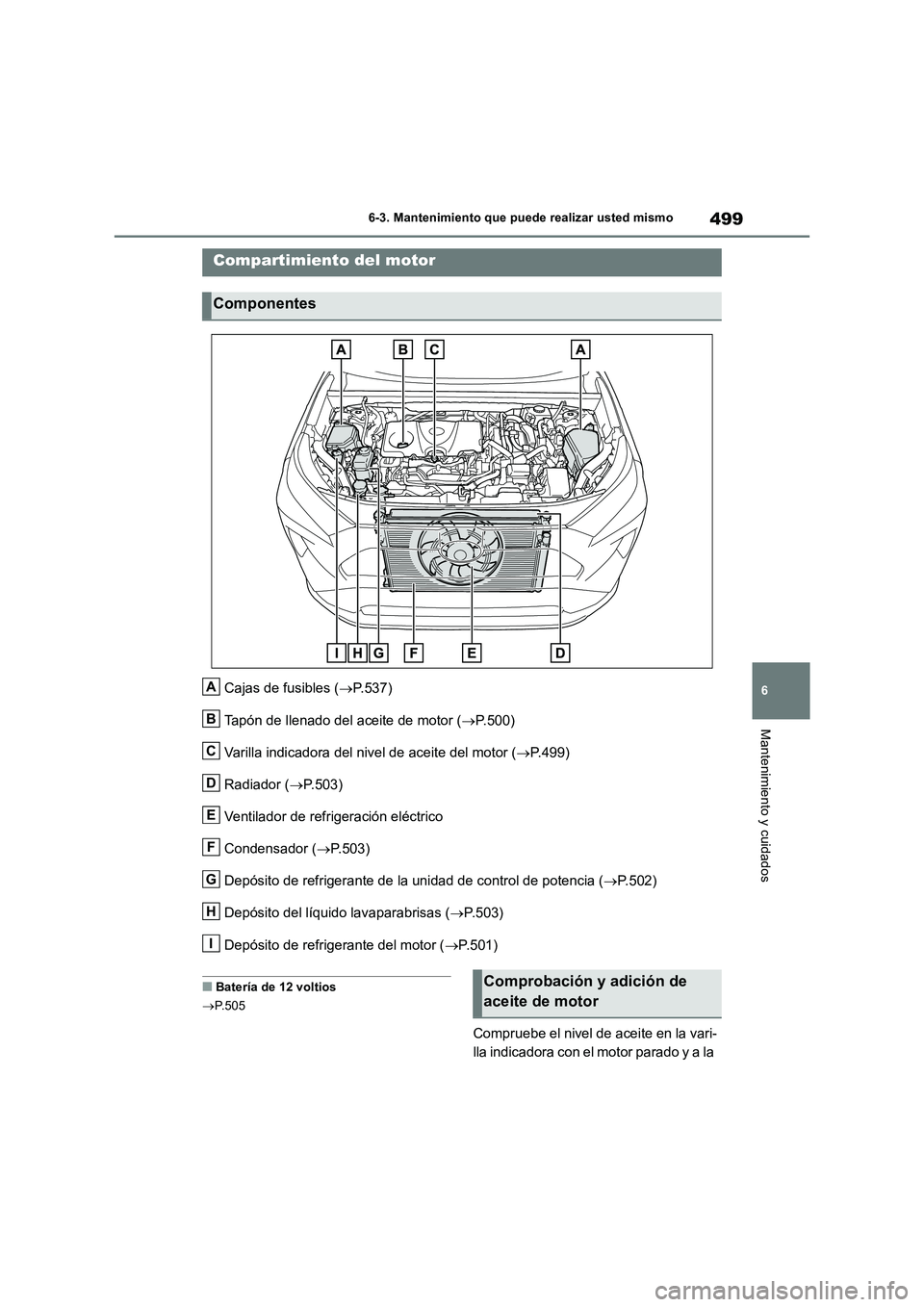 TOYOTA RAV4 2019  Manual del propietario (in Spanish) 499
6 6-3. Mantenimiento que puede realizar usted mismo
Mantenimiento y cuidados
Cajas de fusibles (P.537)
Tapón de llenado del aceite de motor (P.500)
Varilla indicadora del nivel de aceite de