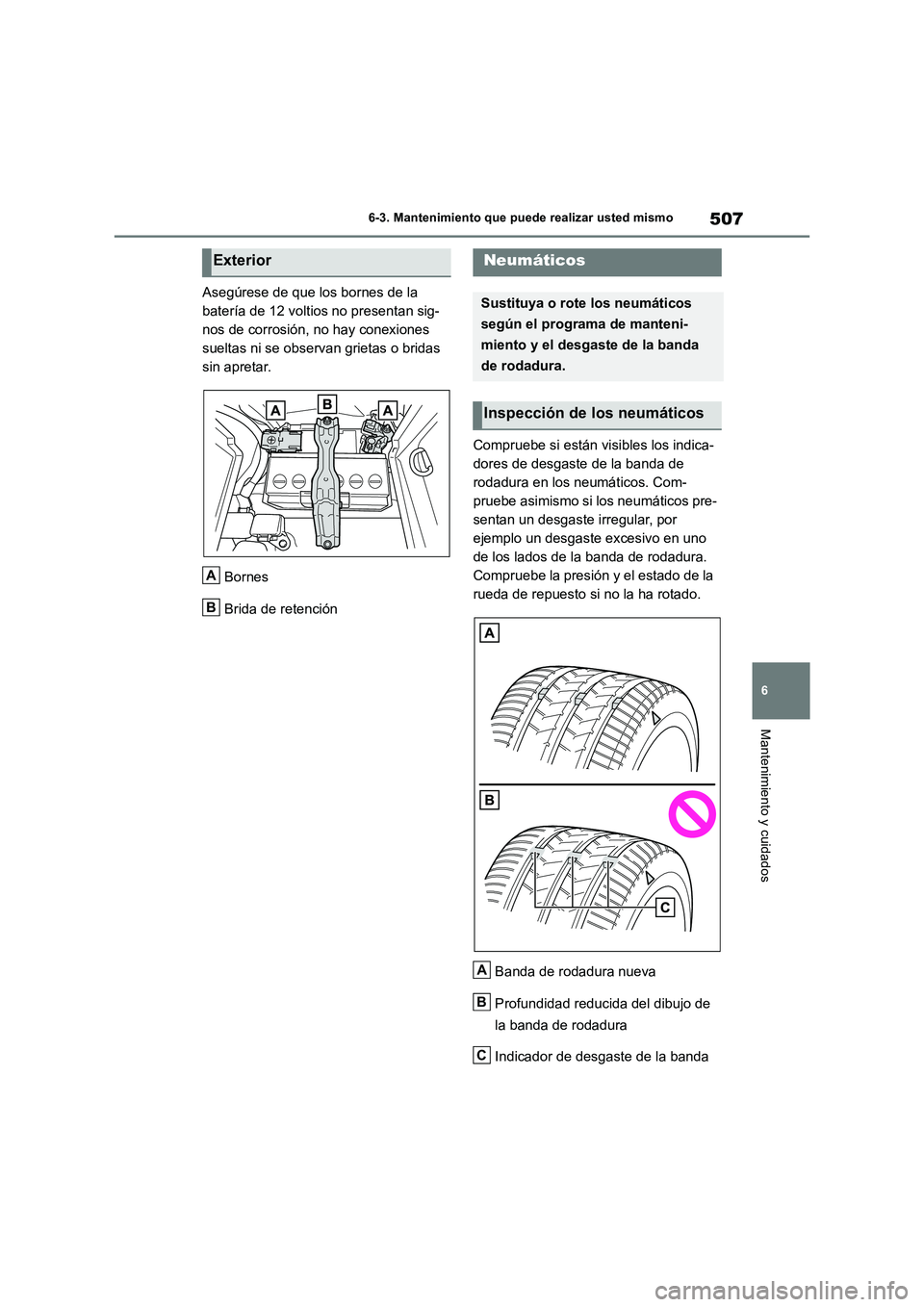 TOYOTA RAV4 2019  Manual del propietario (in Spanish) 507
6 6-3. Mantenimiento que puede realizar usted mismo
Mantenimiento y cuidados
Asegúrese de que los bornes de la 
batería de 12 voltios no presentan sig-
nos de corrosión, no hay conexiones 
suel