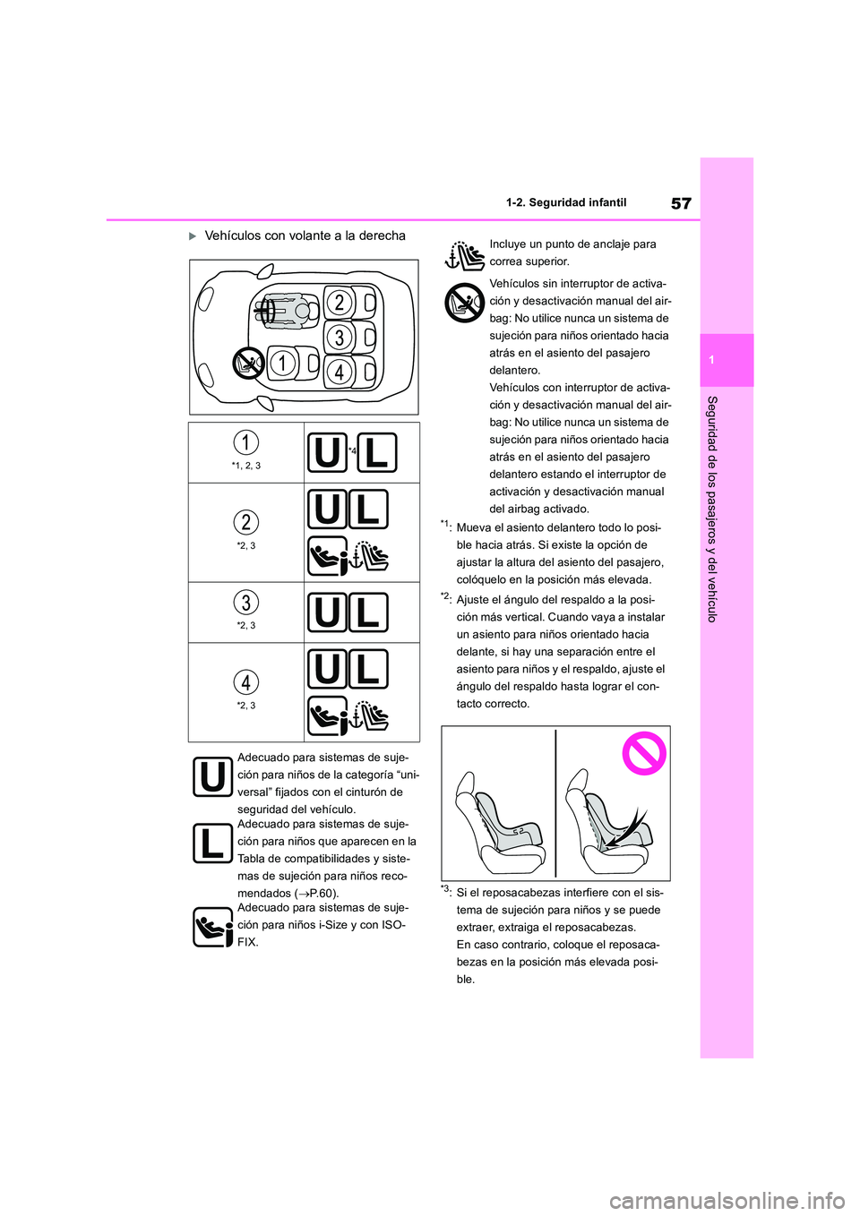 TOYOTA RAV4 2019 Manual del propietario (in Spanish) 57
1
1-2. Seguridad infantil
Seguridad de los pasajeros y del vehículo
Vehículos con volante a la derecha
*1: Mueva el asiento delantero todo lo posi-
ble hacia atrás. Si existe la opción de TOYOTA RAV4 2019 Manual del propietario (in Spanish) 57
1
1-2. Seguridad infantil
Seguridad de los pasajeros y del vehículo
Vehículos con volante a la derecha
*1: Mueva el asiento delantero todo lo posi-
ble hacia atrás. Si existe la opción de