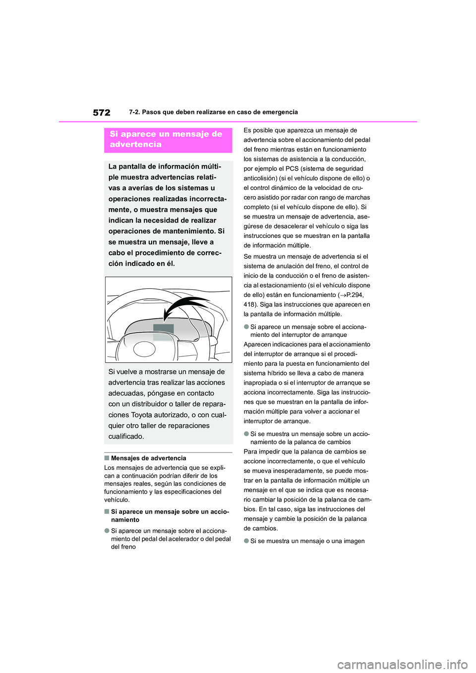 TOYOTA RAV4 2019 Manual del propietario (in Spanish) 5727-2. Pasos que deben realizarse en caso de emergencia
■Mensajes de advertencia
Los mensajes de advertencia que se expli-
can a continuación podrían diferir de los mensajes reales, según las TOYOTA RAV4 2019 Manual del propietario (in Spanish) 5727-2. Pasos que deben realizarse en caso de emergencia
■Mensajes de advertencia
Los mensajes de advertencia que se expli-
can a continuación podrían diferir de los mensajes reales, según las