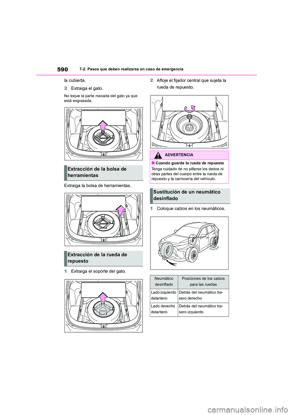 TOYOTA RAV4 2019  Manual del propietario (in Spanish) 5907-2. Pasos que deben realizarse en caso de emergencia
la cubierta. 
2 Extraiga el gato.
No toque la parte roscada del gato ya que  está engrasada.
Extraiga la bolsa de herramientas. 
1 Extraiga el