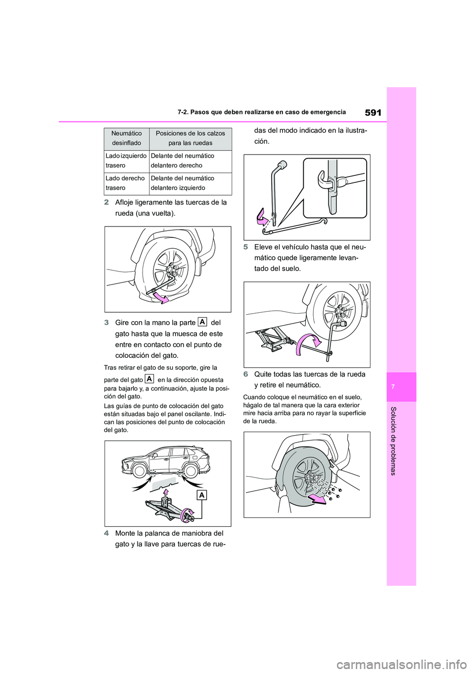 TOYOTA RAV4 2019 Manual del propietario (in Spanish) 591
7
7-2. Pasos que deben realizarse en caso de emergencia
Solución de problemas
2 Afloje ligeramente las tuercas de la
rueda (una vuelta).
3 Gire con la mano la parte del
gato hasta que la TOYOTA RAV4 2019 Manual del propietario (in Spanish) 591
7
7-2. Pasos que deben realizarse en caso de emergencia
Solución de problemas
2 Afloje ligeramente las tuercas de la
rueda (una vuelta).
3 Gire con la mano la parte del
gato hasta que la