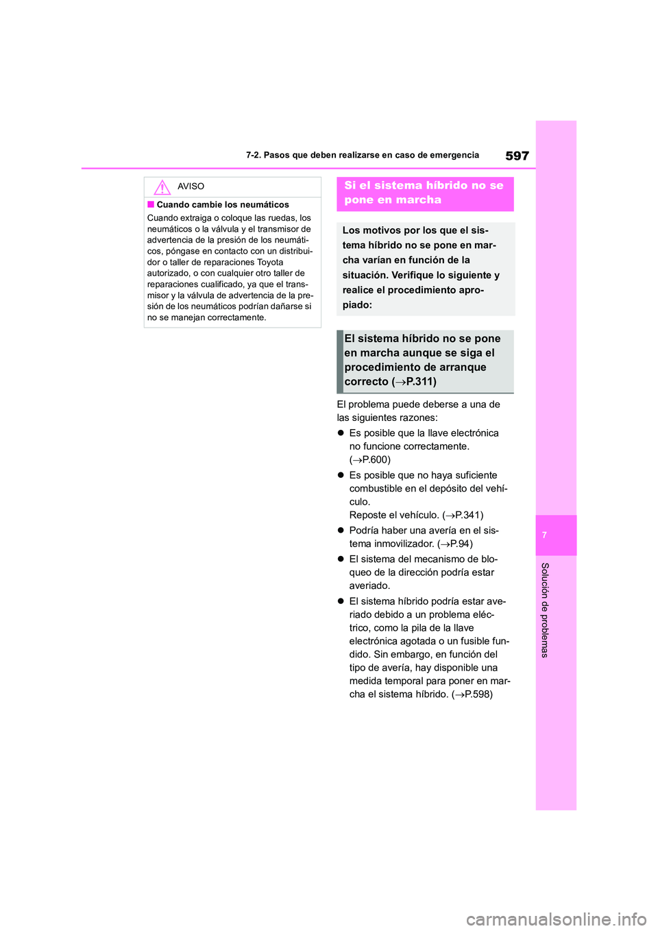 TOYOTA RAV4 2019 Manual del propietario (in Spanish) 597
7
7-2. Pasos que deben realizarse en caso de emergencia
Solución de problemas
El problema puede deberse a una de
las siguientes razones:
Es posible que la llave electrónica
no funcione TOYOTA RAV4 2019 Manual del propietario (in Spanish) 597
7
7-2. Pasos que deben realizarse en caso de emergencia
Solución de problemas
El problema puede deberse a una de
las siguientes razones:
Es posible que la llave electrónica
no funcione