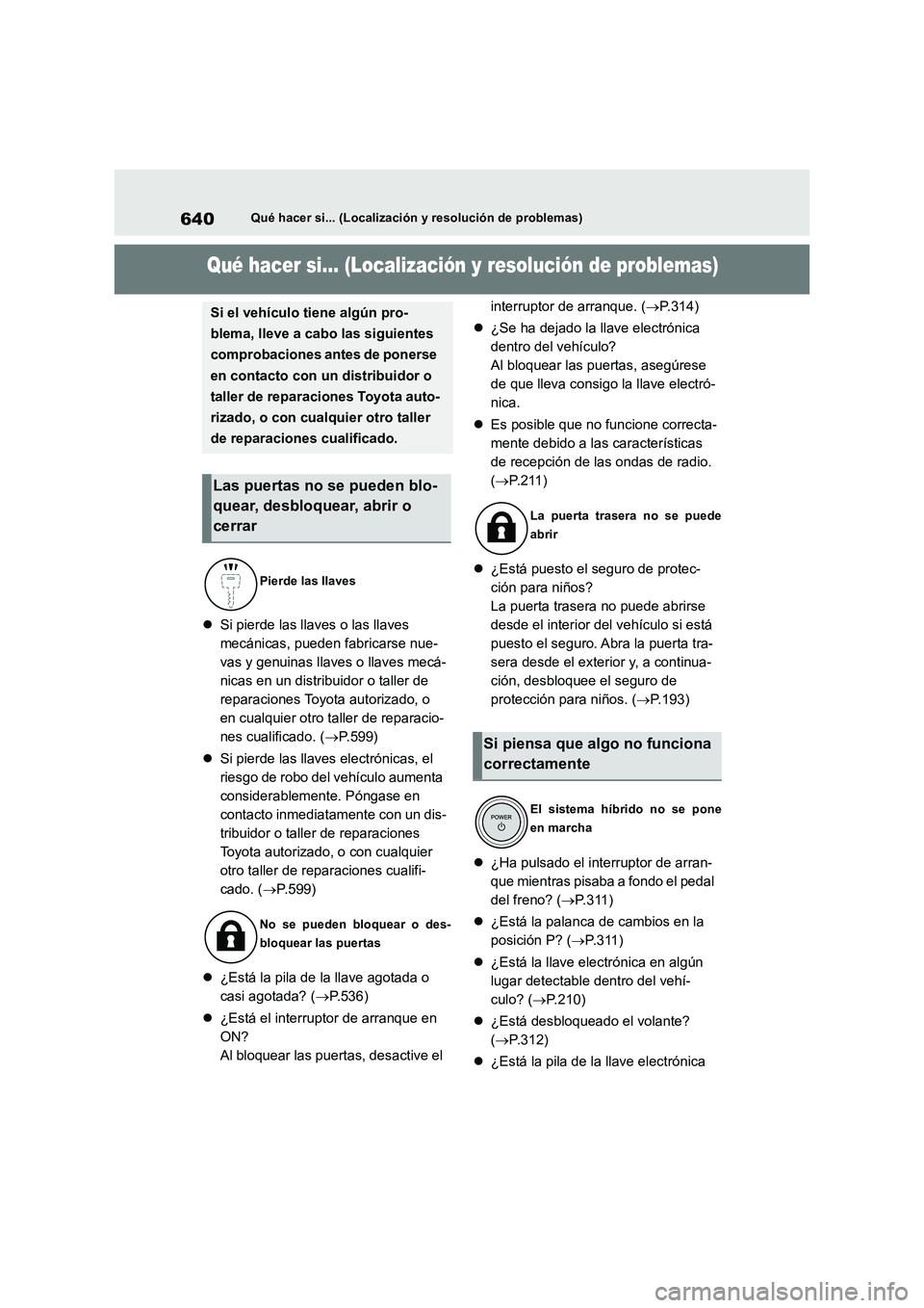 TOYOTA RAV4 2019 Manual del propietario (in Spanish) 640Qué hacer si... (Localización y resolución de problemas)
1-1.Qué hac er si... (Loca liza ció n y reso luc ión de problemas )Qué hacer si... (Localización y resolución de problemas)
TOYOTA RAV4 2019 Manual del propietario (in Spanish) 640Qué hacer si... (Localización y resolución de problemas)
1-1.Qué hac er si... (Loca liza ció n y reso luc ión de problemas )Qué hacer si... (Localización y resolución de problemas)
