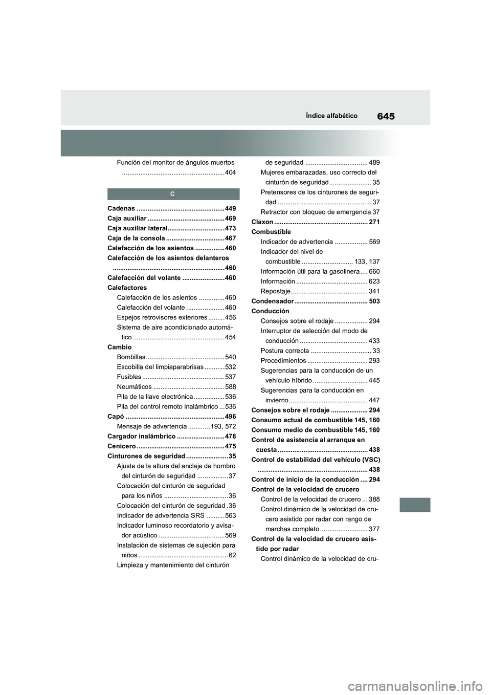 TOYOTA RAV4 2019 Manual del propietario (in Spanish) 645Índice alfabético
Función del monitor de ángulos muertos
........................................................ 404
C
Cadenas ................................................ 449
Caja auxilia TOYOTA RAV4 2019 Manual del propietario (in Spanish) 645Índice alfabético
Función del monitor de ángulos muertos
........................................................ 404
C
Cadenas ................................................ 449
Caja auxilia