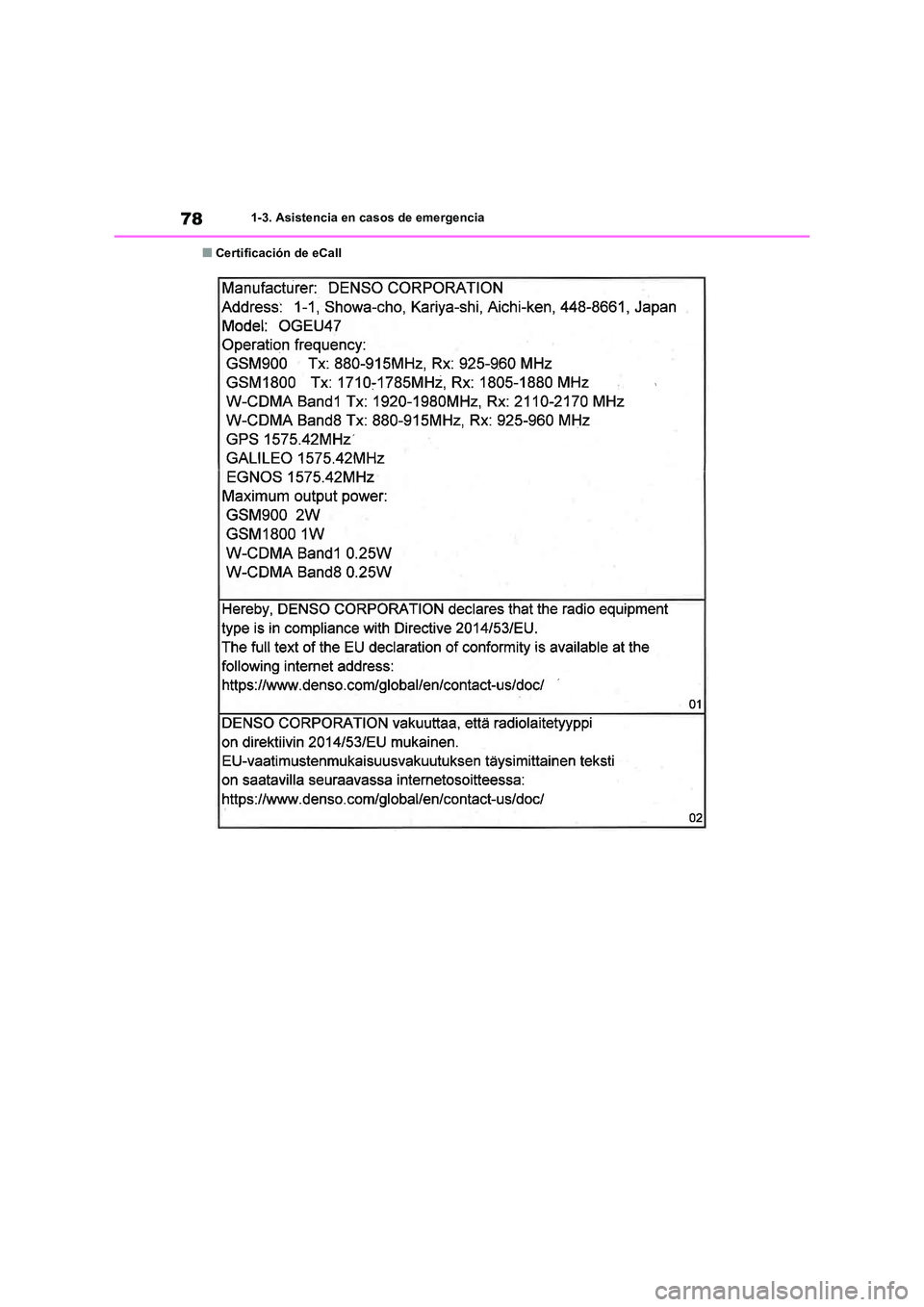 TOYOTA RAV4 2019  Manual del propietario (in Spanish) 781-3. Asistencia en casos de emergencia
■Certificación de eCall 