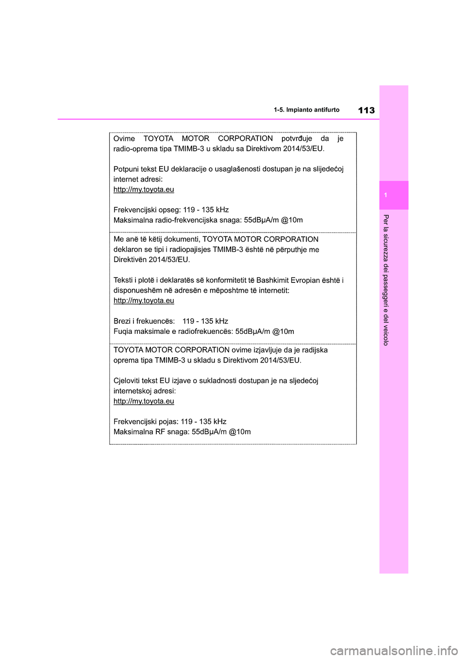 TOYOTA RAV4 2019  Manuale duso (in Italian) 113
1 
1-5. Impianto antifurto
Per la sicurezza dei passeggeri e del veicolo 