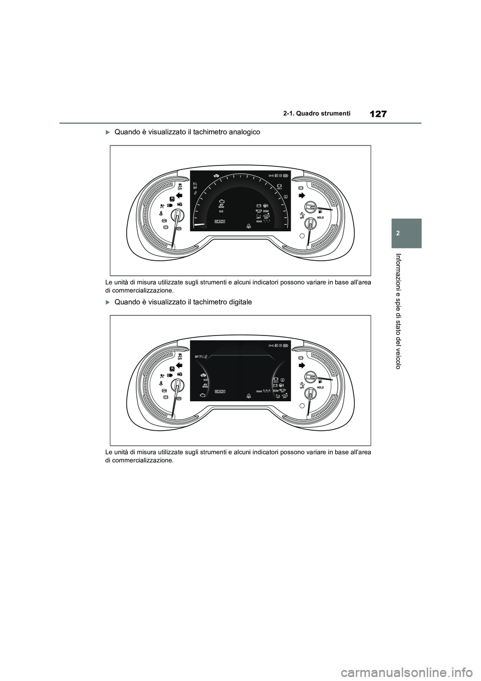 TOYOTA RAV4 2019  Manuale duso (in Italian) 127
2 
2-1. Quadro strumenti
Informazioni e spie di stato del veicolo
Quando è visualizzato il tachimetro analogico
Le unità di misura utilizzate sugli strumenti e alcuni indicatori possono varia