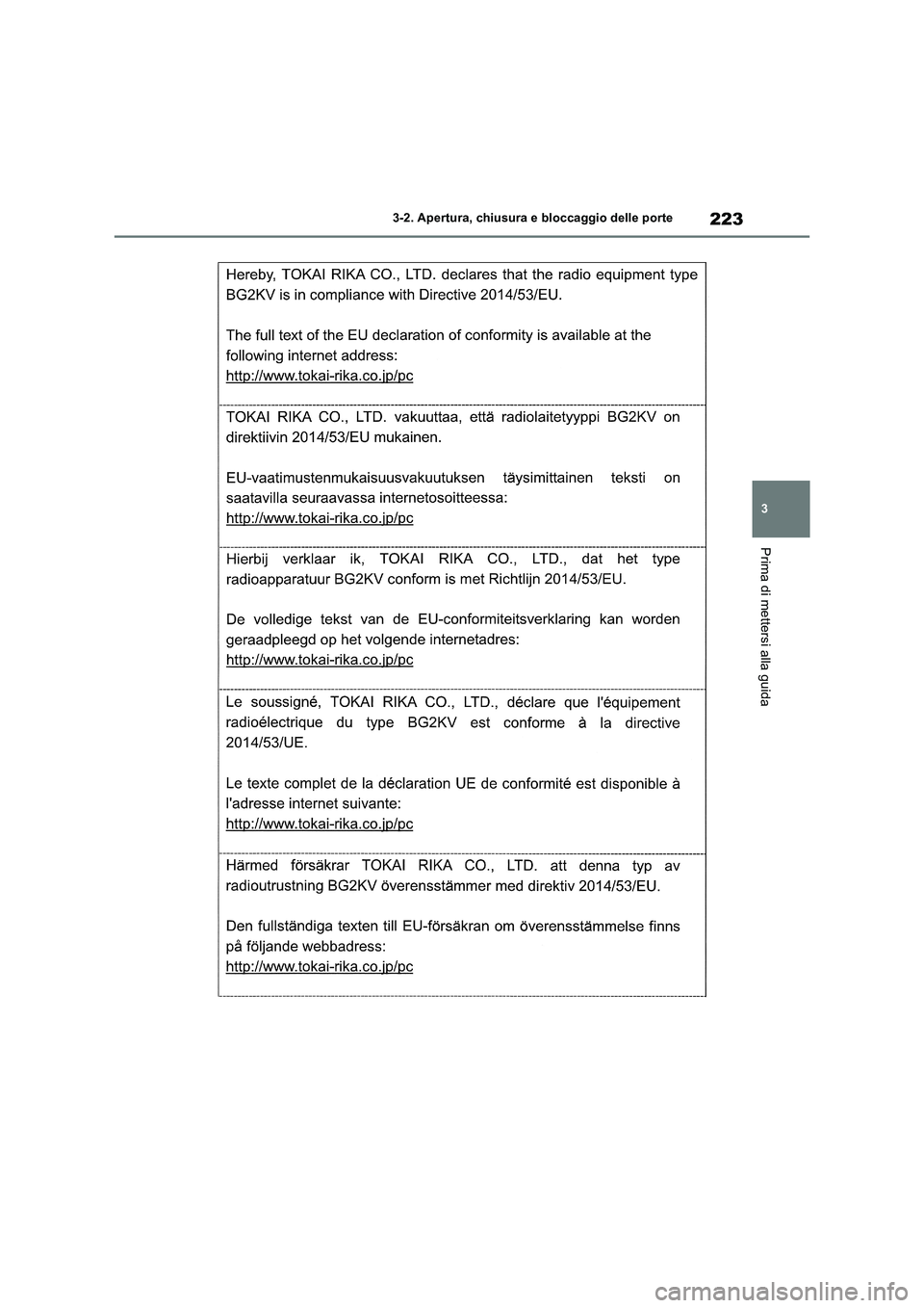 TOYOTA RAV4 2019  Manuale duso (in Italian) 223
3 3-2. Apertura, chiusura e bloccaggio delle porte
Prima di mettersi alla guida 