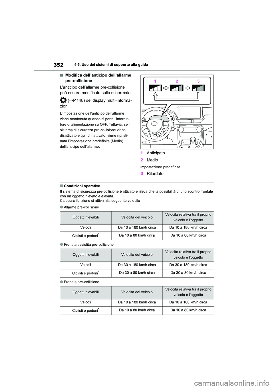 TOYOTA RAV4 2019 Manuale duso (in Italian) 3524-5. Uso dei sistemi di supporto alla guida
■Modifica dell’anticipo dell’allarme
pre-collisione
L’anticipo dell’allarme pre-collisione
può essere modificato sulla schermata
( TOYOTA RAV4 2019 Manuale duso (in Italian) 3524-5. Uso dei sistemi di supporto alla guida
■Modifica dell’anticipo dell’allarme
pre-collisione
L’anticipo dell’allarme pre-collisione
può essere modificato sulla schermata
( 