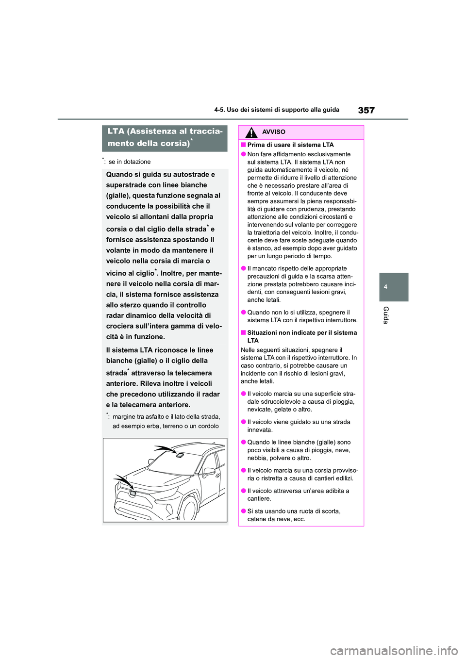 TOYOTA RAV4 2019 Manuale duso (in Italian) 357
4
4-5. Uso dei sistemi di supporto alla guida
Guida
*: se in dotazione
LTA (Assistenza al traccia-
mento della corsia)*
Quando si guida su autostrade e
superstrade con linee bianche
(gialle) TOYOTA RAV4 2019 Manuale duso (in Italian) 357
4
4-5. Uso dei sistemi di supporto alla guida
Guida
*: se in dotazione
LTA (Assistenza al traccia-
mento della corsia)*
Quando si guida su autostrade e
superstrade con linee bianche
(gialle)