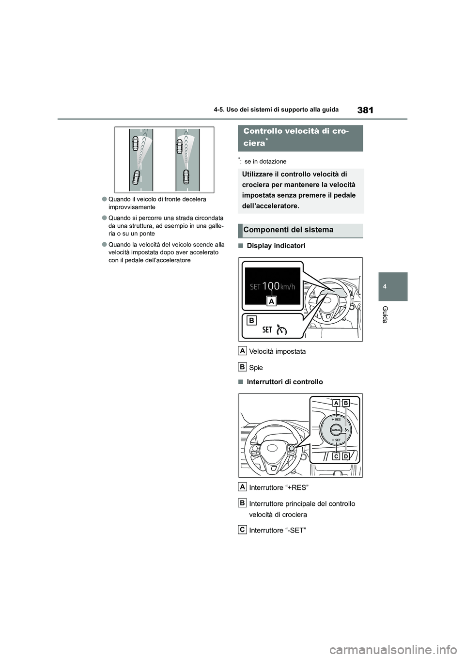 TOYOTA RAV4 2019  Manuale duso (in Italian) 381
4 4-5. Uso dei sistemi di supporto alla guida
Guida
●Quando il veicolo di fronte decelera 
improvvisamente
●Quando si percorre una strada circondata 
da una struttura, ad esempio in una galle-