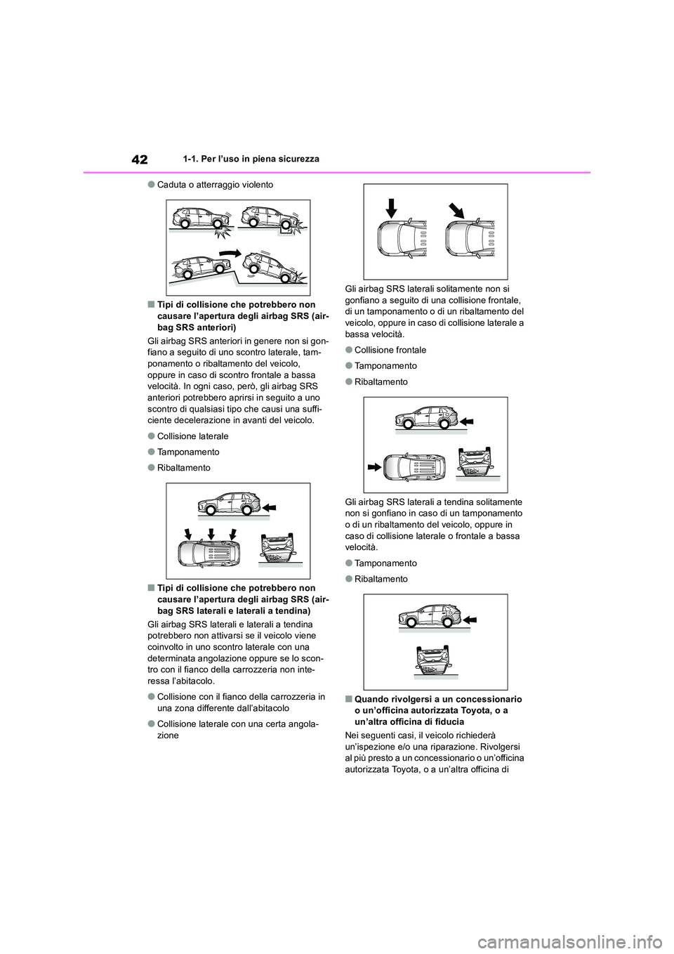 TOYOTA RAV4 2019 Manuale duso (in Italian) 421-1. Per l’uso in piena sicurezza
●Caduta o atterraggio violento
■Tipi di collisione che potrebbero non
causare l’apertura degli airbag SRS (air- bag SRS anteriori)
Gli airbag SRS anterio TOYOTA RAV4 2019 Manuale duso (in Italian) 421-1. Per l’uso in piena sicurezza
●Caduta o atterraggio violento
■Tipi di collisione che potrebbero non
causare l’apertura degli airbag SRS (air- bag SRS anteriori)
Gli airbag SRS anterio