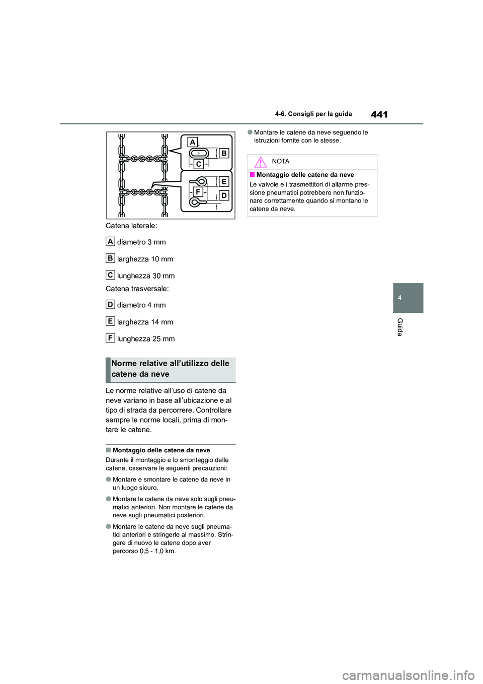 TOYOTA RAV4 2019 Manuale duso (in Italian) 441
4
4-6. Consigli per la guida
Guida
Catena laterale:
diametro 3 mm
larghezza 10 mm
lunghezza 30 mm
Catena trasversale:
diametro 4 mm
larghezza 14 mm
lunghezza 25 mm
Le norme relative all TOYOTA RAV4 2019 Manuale duso (in Italian) 441
4
4-6. Consigli per la guida
Guida
Catena laterale:
diametro 3 mm
larghezza 10 mm
lunghezza 30 mm
Catena trasversale:
diametro 4 mm
larghezza 14 mm
lunghezza 25 mm
Le norme relative all