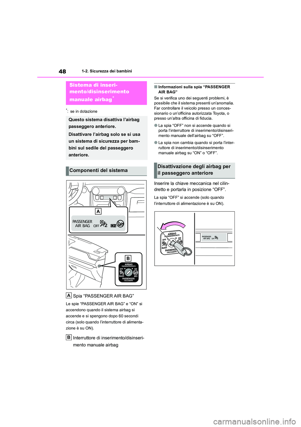 TOYOTA RAV4 2019 Manuale duso (in Italian) 481-2. Sicurezza dei bambini
1-2.Sicure zza de i bambini
*: se in dotazione
Spia “PASSENGER AIR BAG”
Le spie “PASSENGER AIR BAG” e “ON” si
accendono quando il sistema airbag si
accend TOYOTA RAV4 2019 Manuale duso (in Italian) 481-2. Sicurezza dei bambini
1-2.Sicure zza de i bambini
*: se in dotazione
Spia “PASSENGER AIR BAG”
Le spie “PASSENGER AIR BAG” e “ON” si
accendono quando il sistema airbag si
accend