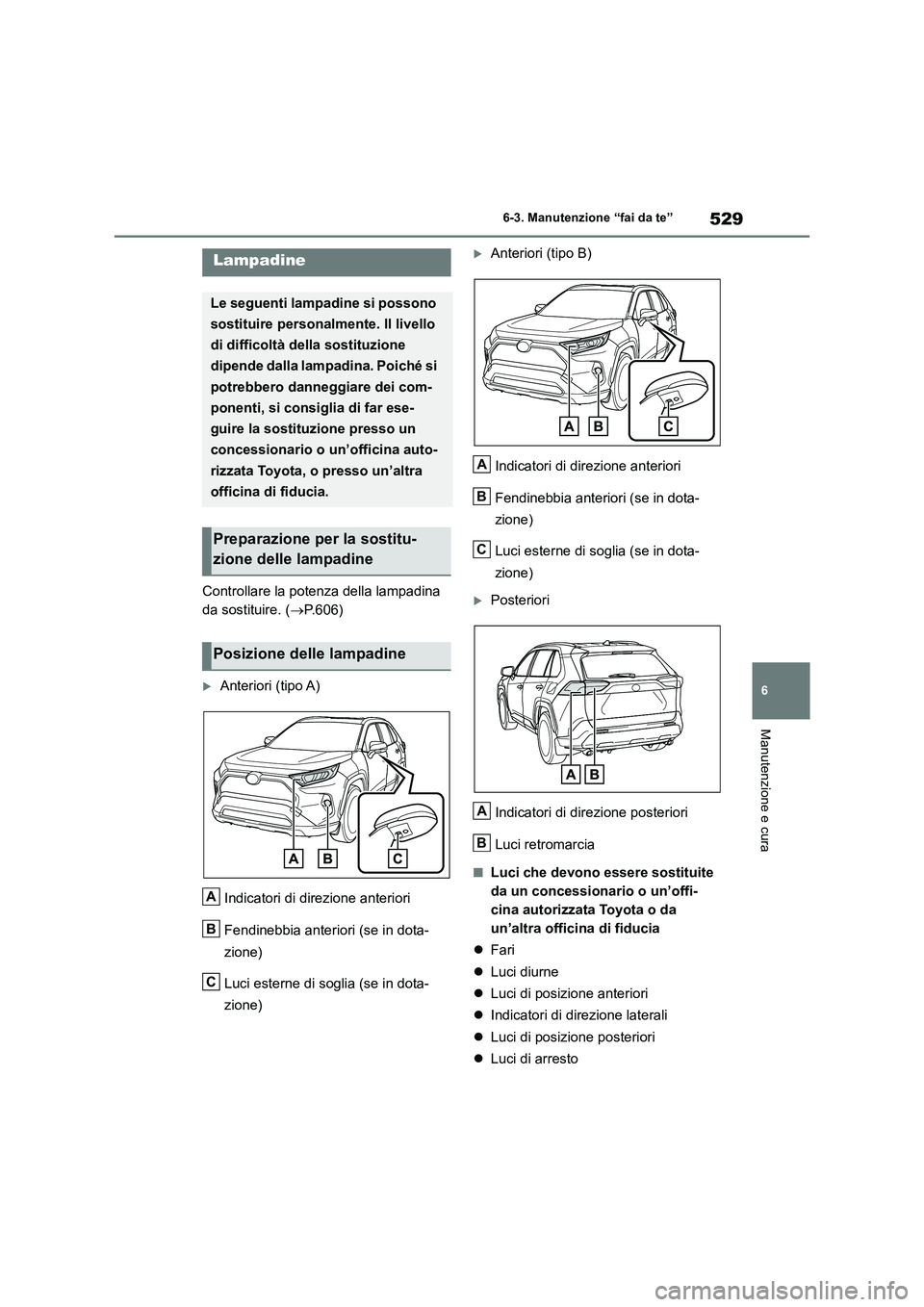 TOYOTA RAV4 2019 Manuale duso (in Italian) 529
6
6-3. Manutenzione “fai da te”
Manutenzione e cura
Controllare la potenza della lampadina
da sostituire. ( P.606)
Anteriori (tipo A)
Indicatori di direzione anteriori
Fendinebbia a TOYOTA RAV4 2019 Manuale duso (in Italian) 529
6
6-3. Manutenzione “fai da te”
Manutenzione e cura
Controllare la potenza della lampadina
da sostituire. ( P.606)
Anteriori (tipo A)
Indicatori di direzione anteriori
Fendinebbia a