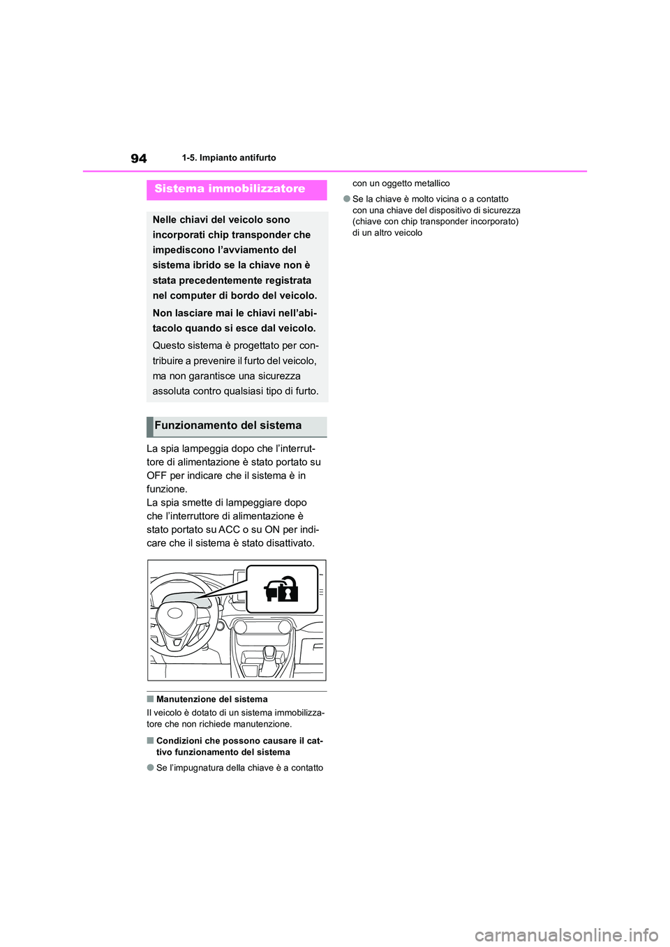 TOYOTA RAV4 2019 Manuale duso (in Italian) 941-5. Impianto antifurto
1-5.Impianto antifurto
La spia lampeggia dopo che l’interrut-
tore di alimentazione è stato portato su
OFF per indicare che il sistema è in
funzione.
La spia smette di TOYOTA RAV4 2019 Manuale duso (in Italian) 941-5. Impianto antifurto
1-5.Impianto antifurto
La spia lampeggia dopo che l’interrut-
tore di alimentazione è stato portato su
OFF per indicare che il sistema è in
funzione.
La spia smette di