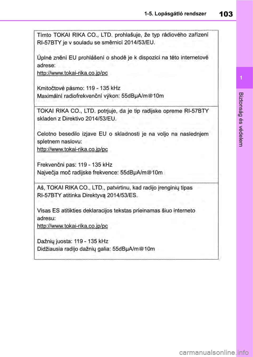 TOYOTA RAV4 2019  Kezelési útmutató (in Hungarian) 103
1
1-5. Lopásgátló rendszer
Biztonság és védelem 