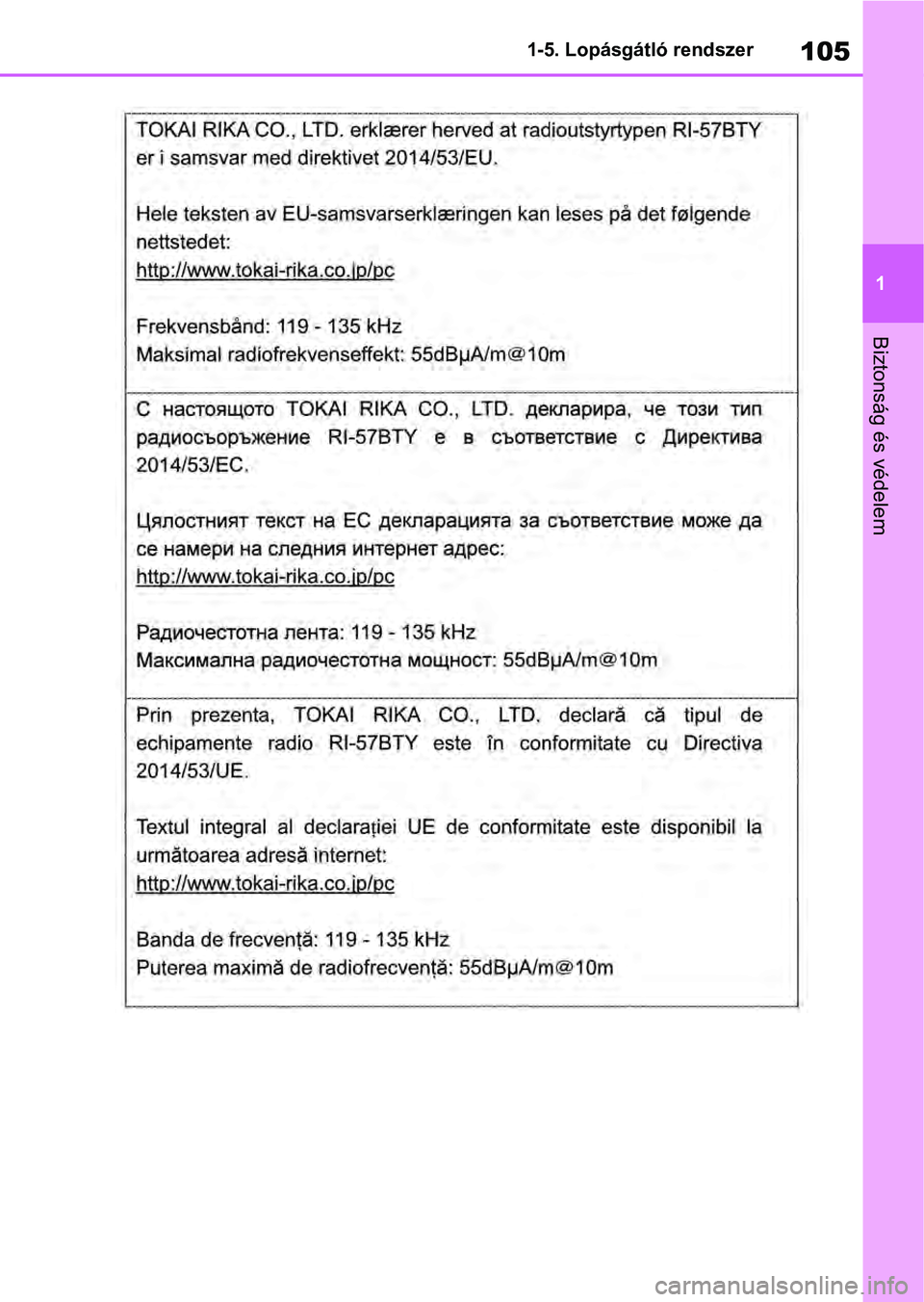 TOYOTA RAV4 2019  Kezelési útmutató (in Hungarian) 105
1
1-5. Lopásgátló rendszer
Biztonság és védelem 