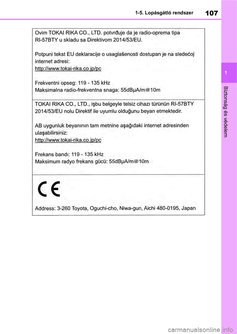 TOYOTA RAV4 2019  Kezelési útmutató (in Hungarian) 107
1
1-5. Lopásgátló rendszer
Biztonság és védelem 
