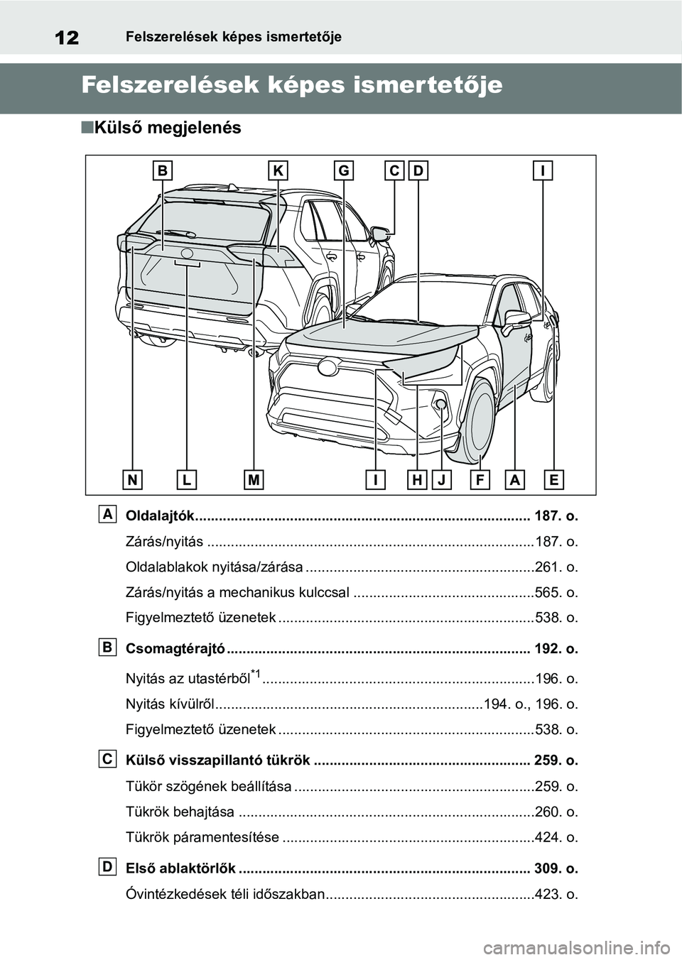 TOYOTA RAV4 2019 Kezelési útmutató (in Hungarian) 12Felszerelések képes ismertetője
Felszerelések képes ismertetője
n Külső megjelenés
Oldalajtók..................................................................................... 187. o.
Z TOYOTA RAV4 2019 Kezelési útmutató (in Hungarian) 12Felszerelések képes ismertetője
Felszerelések képes ismertetője
n Külső megjelenés
Oldalajtók..................................................................................... 187. o.
Z