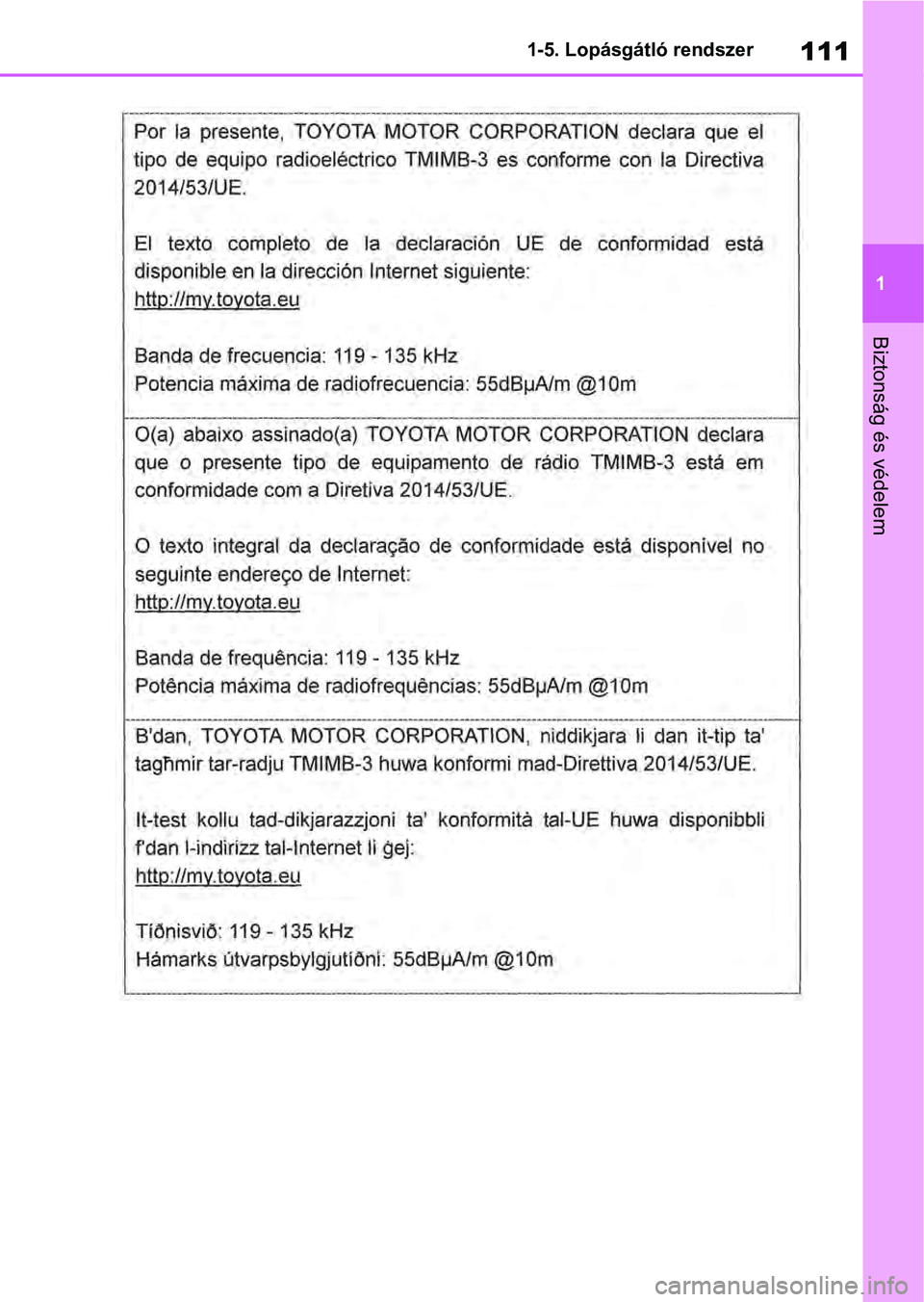 TOYOTA RAV4 2019  Kezelési útmutató (in Hungarian) 111
1
1-5. Lopásgátló rendszer
Biztonság és védelem 