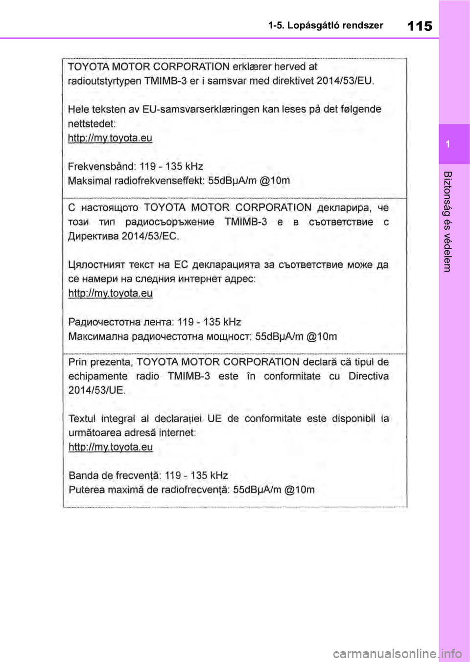 TOYOTA RAV4 2019  Kezelési útmutató (in Hungarian) 115
1
1-5. Lopásgátló rendszer
Biztonság és védelem 
