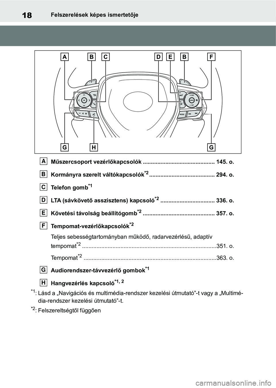 TOYOTA RAV4 2019  Kezelési útmutató (in Hungarian) 18Felszerelések képes ismertetője
Műszercsoport vezérlőkapcsolók ............................................. 145. o.
Kormányra szerelt  váltókapcsolók
*2..................................