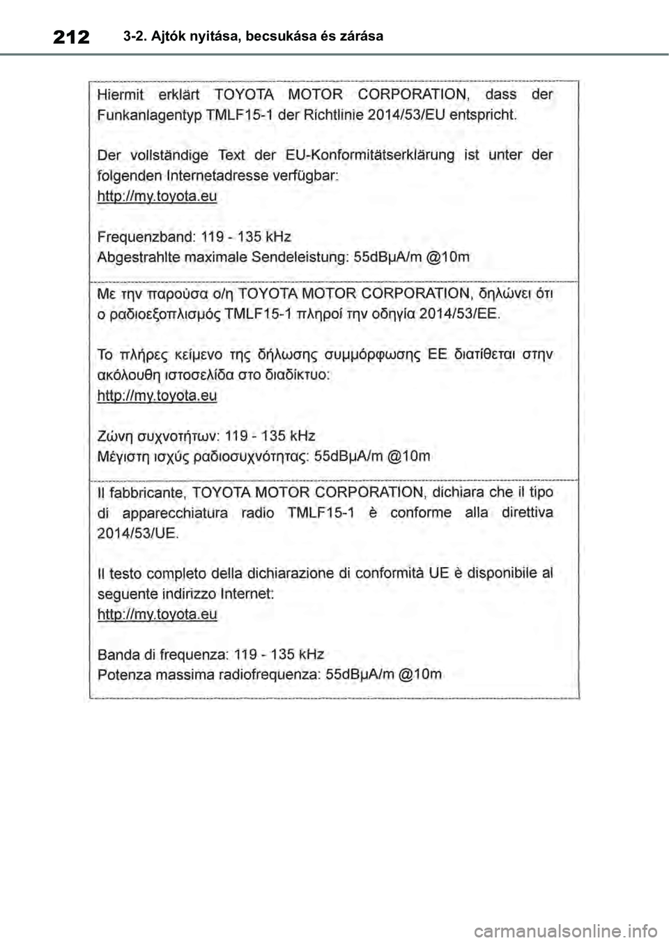 TOYOTA RAV4 2019  Kezelési útmutató (in Hungarian) 2123-2. Ajtók nyitása, becsukása és zárása 