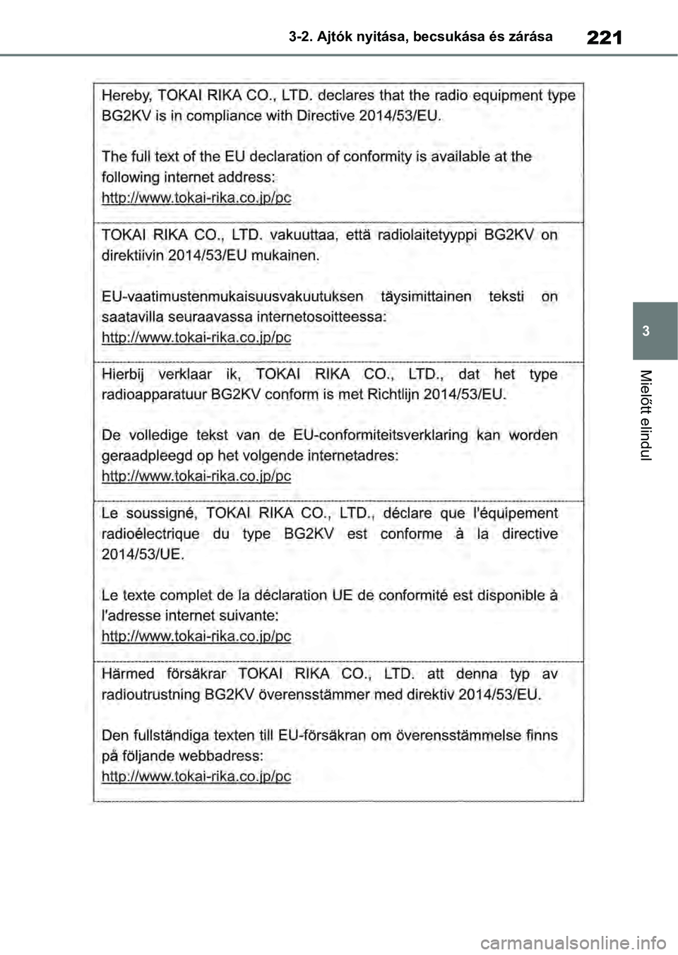 TOYOTA RAV4 2019  Kezelési útmutató (in Hungarian) 221
3
3-2. Ajtók nyitása, becsukása és zárása
Mielőtt elindul 