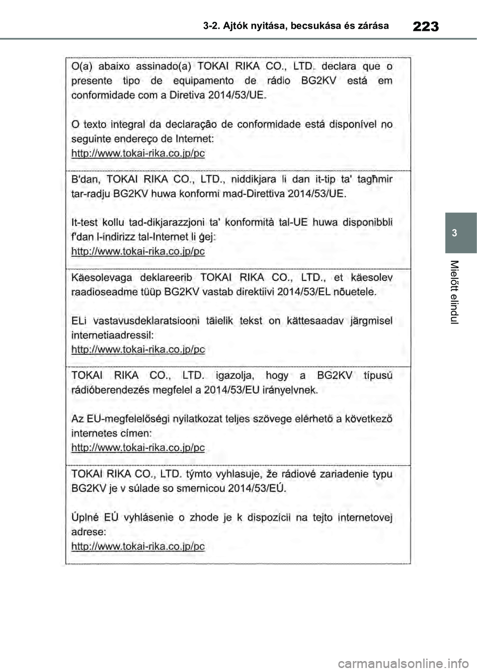 TOYOTA RAV4 2019  Kezelési útmutató (in Hungarian) 223
3
3-2. Ajtók nyitása, becsukása és zárása
Mielőtt elindul 