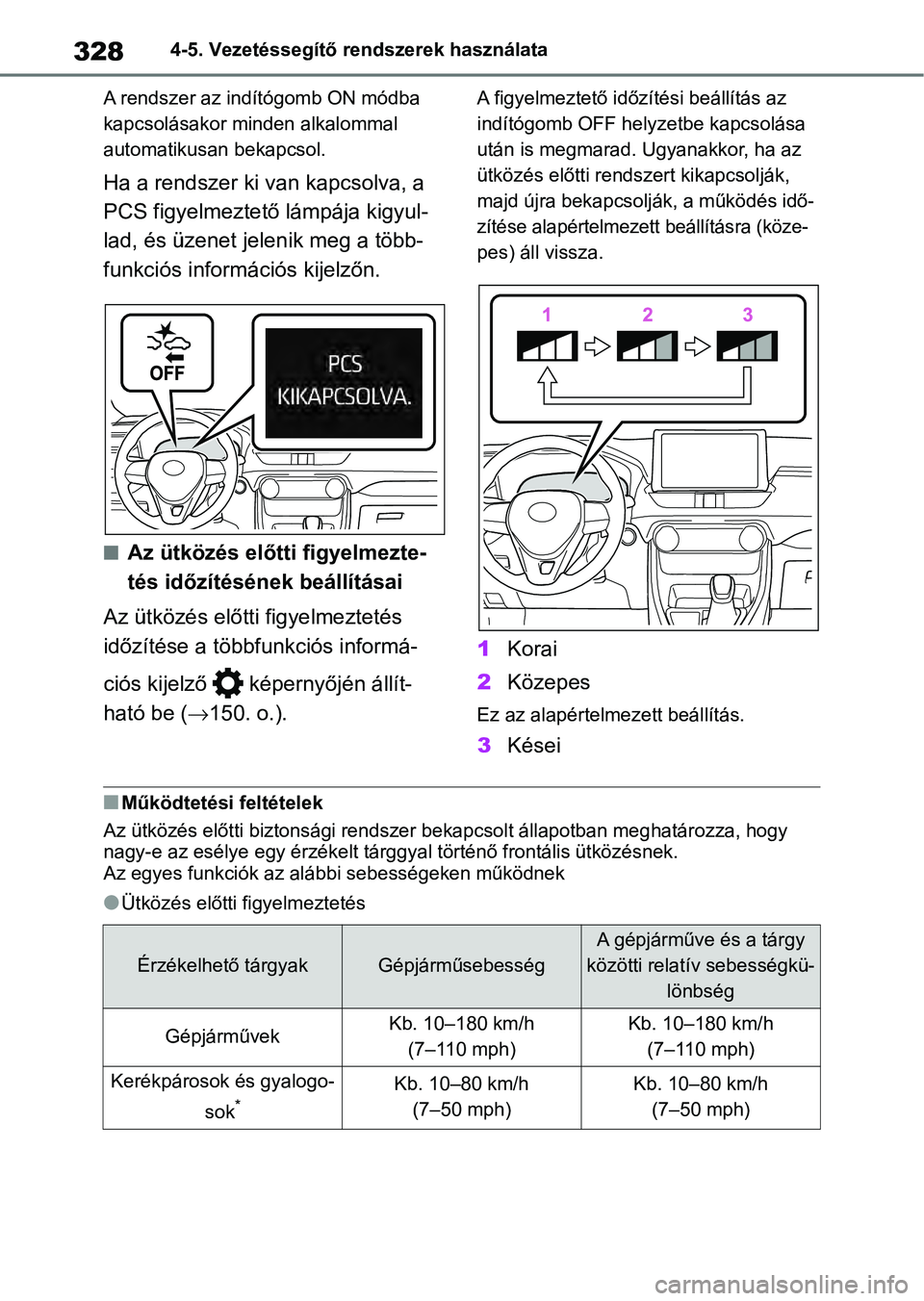 TOYOTA RAV4 2019  Kezelési útmutató (in Hungarian) 3284-5. Vezetéssegítő rendszerek használata
A rendszer az indítógomb ON módba 
kapcsolásakor mi nden alkalommal 
automatikusa n bekapcsol.
Ha a rendszer ki van kapcsolva, a 
PCS figyelmeztető