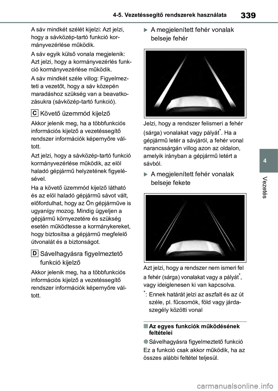 TOYOTA RAV4 2019  Kezelési útmutató (in Hungarian) 339
4
4-5. Vezetéssegítő re
ndszerek használata
Vezetés
A sáv mindkét szélét kijelzi: Azt jelzi, 
hogy a sávközép-ta rtó funkció kor-
mányvezérlése működik.
A sáv egyik külső von