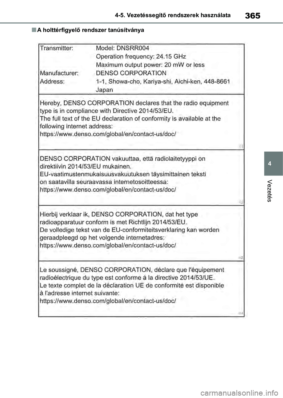 TOYOTA RAV4 2019  Kezelési útmutató (in Hungarian) 365
4
4-5. Vezetéssegítő re
ndszerek használata
Vezetés
nA holttérfigyelő rendszer tanúsítványa 