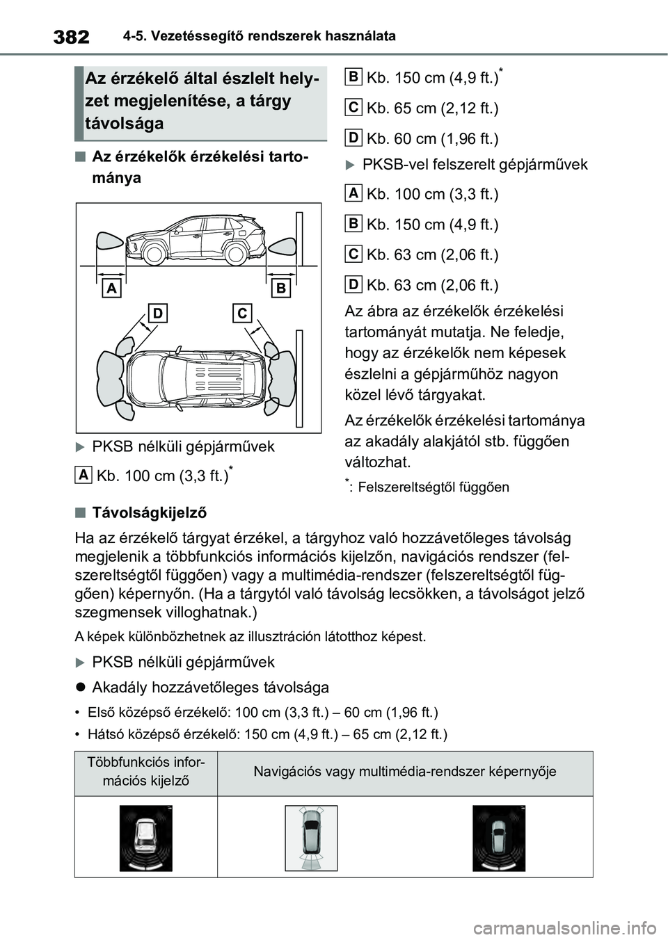 TOYOTA RAV4 2019 Kezelési útmutató (in Hungarian) 3824-5. Vezetéssegítő rendszerek használata
nAz érzékelők érzékelési tarto-
mánya
PKSB nélküli gépjárművekKb. 100 cm (3,3 ft.)
*
Kb. 150 cm (4,9 ft.)*
Kb. 65 cm (2,12 ft.)
Kb. 60 cm TOYOTA RAV4 2019 Kezelési útmutató (in Hungarian) 3824-5. Vezetéssegítő rendszerek használata
nAz érzékelők érzékelési tarto-
mánya
PKSB nélküli gépjárművekKb. 100 cm (3,3 ft.)
*
Kb. 150 cm (4,9 ft.)*
Kb. 65 cm (2,12 ft.)
Kb. 60 cm